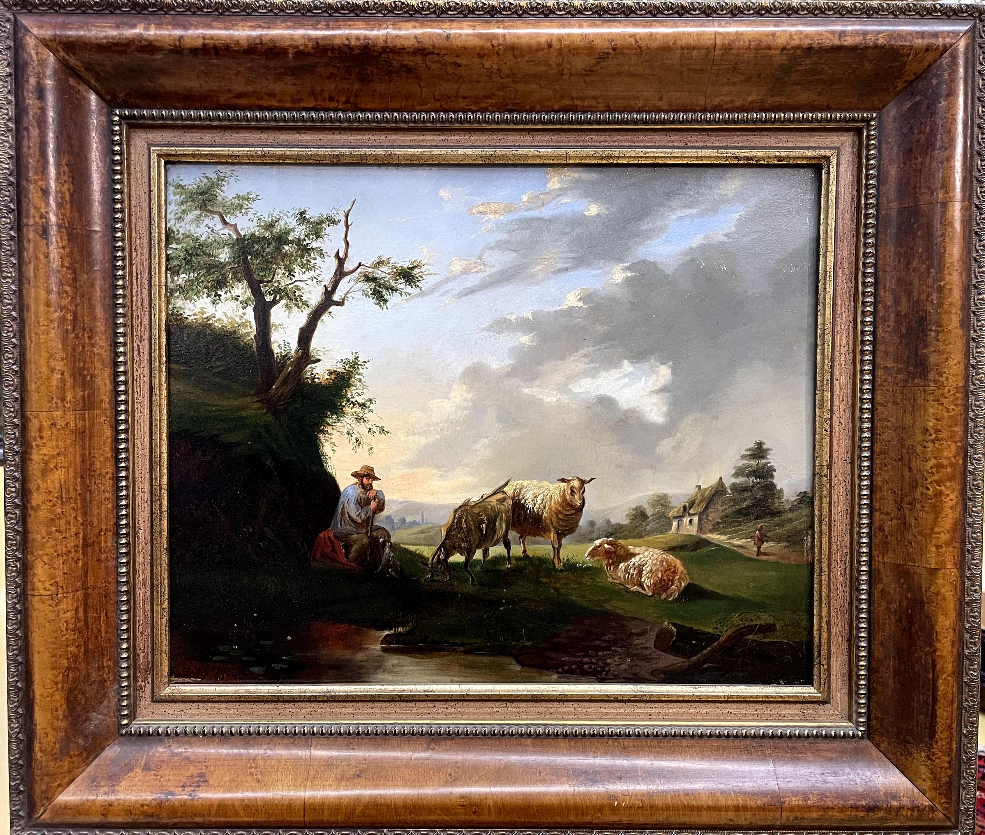 Animal Painting de  Unidentified (XIX Century) - "Paisaje pastoral con pastor y ovejas"