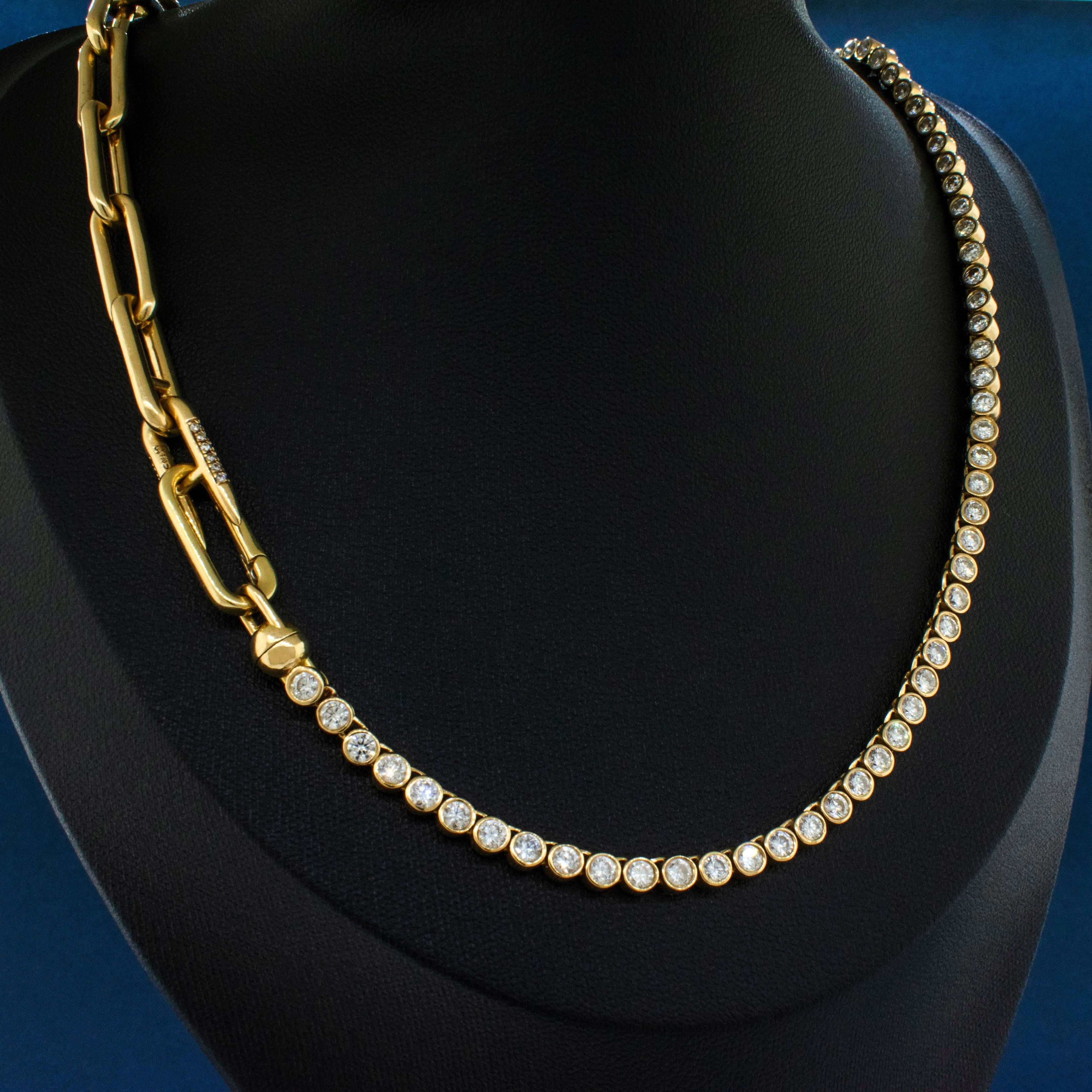 Uniform Object 18K Yellow Gold Bezel Set Diamond Necklace In Good Condition In Boone, NC