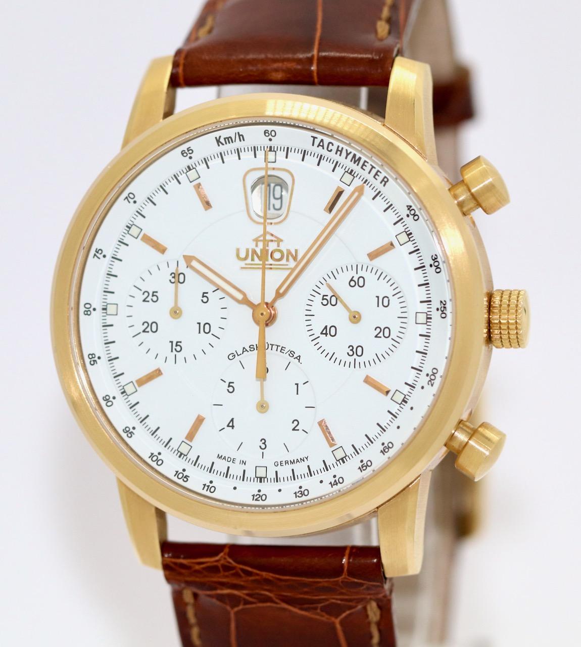 Extremely rare Union Glashutte (Saxony) Chronograph in 18 carat solid gold, limited to 50 pieces!

Including original Box and Papers!

From private collection.