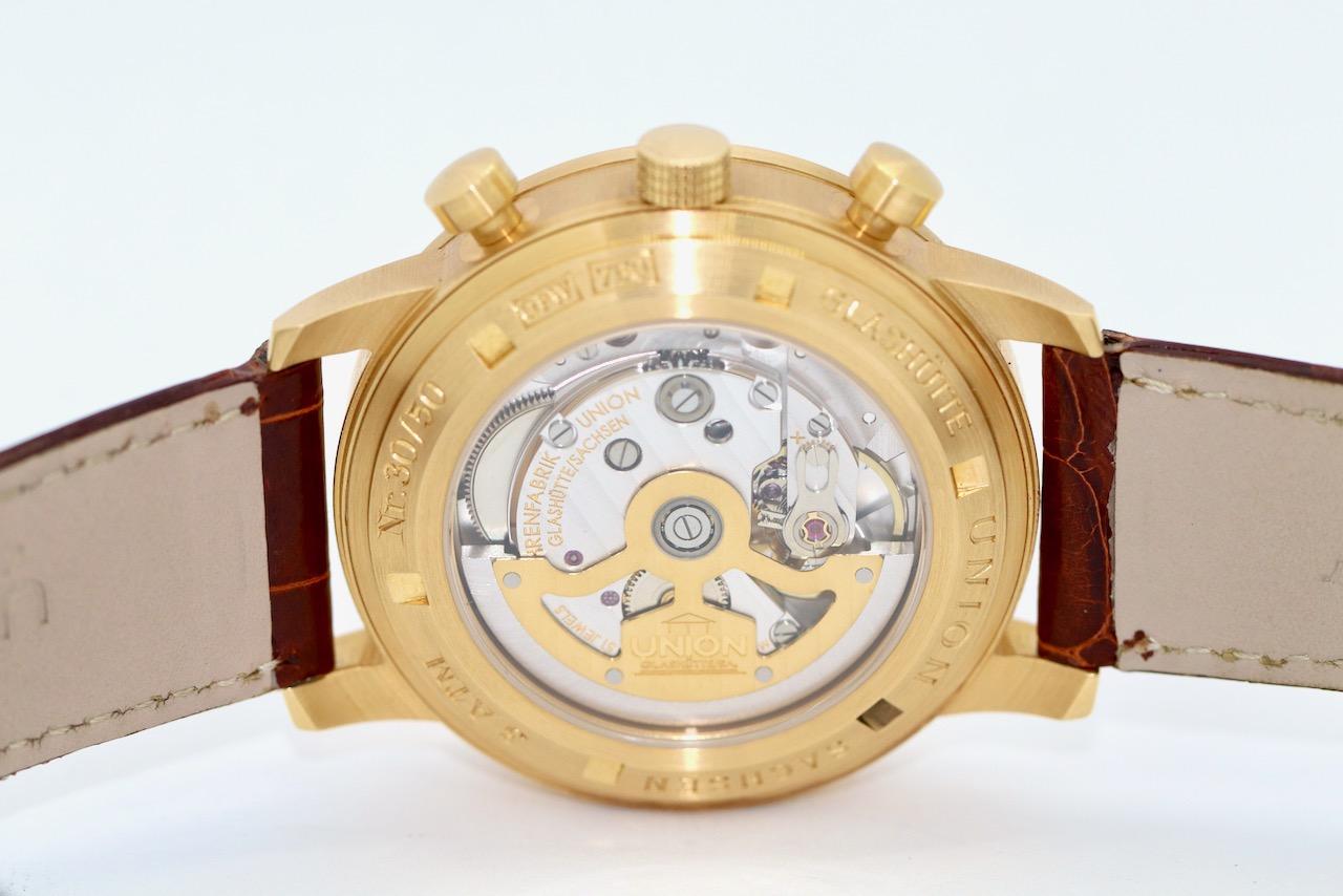 Union Glashütte Chronograph 18 Karat Gold, Automatic, Limited to 50, Saxony. For Sale 5