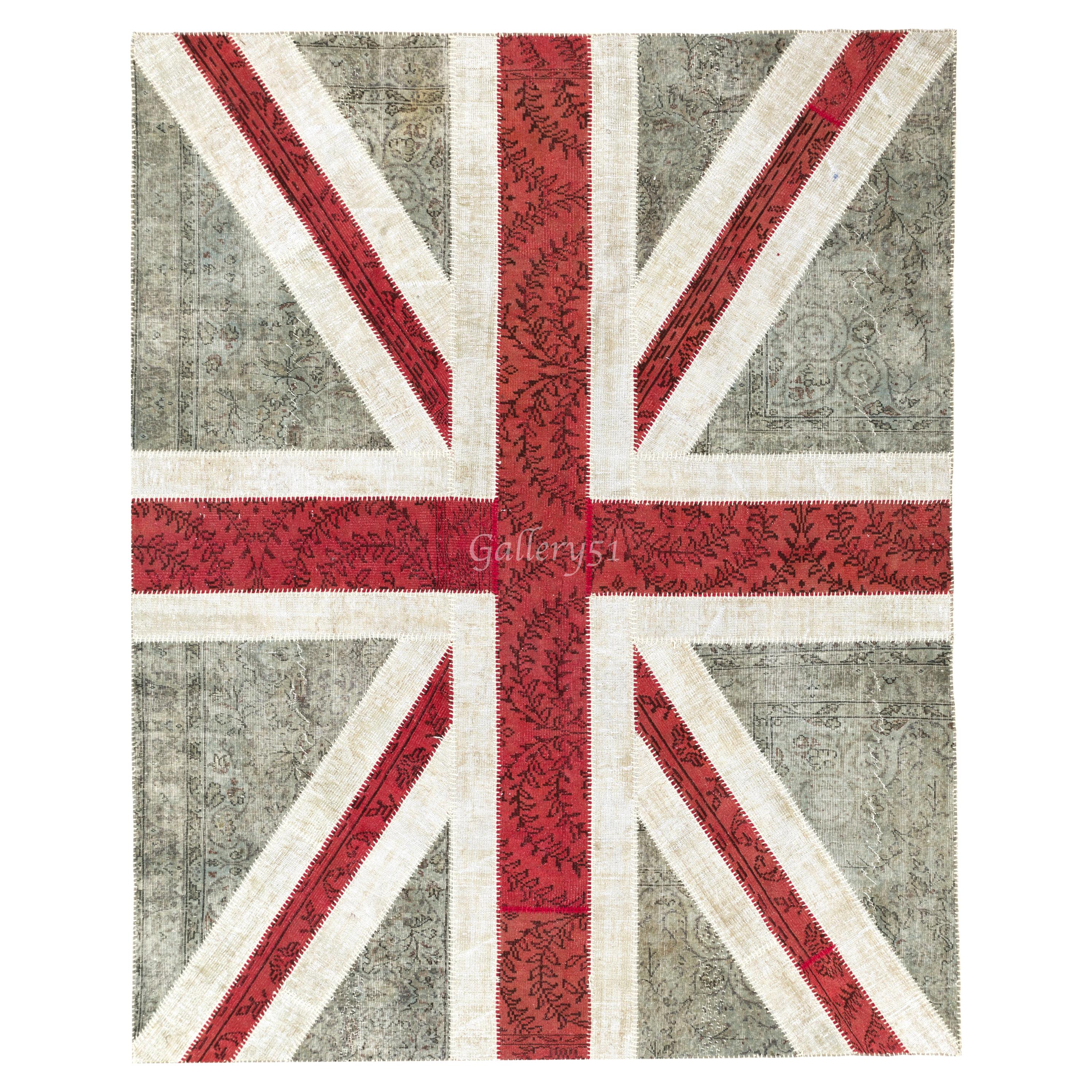 Alfombra Patchwork de 8x10 pies con diseño de Union Jack hecha con alfombras vintage sobreteñidas