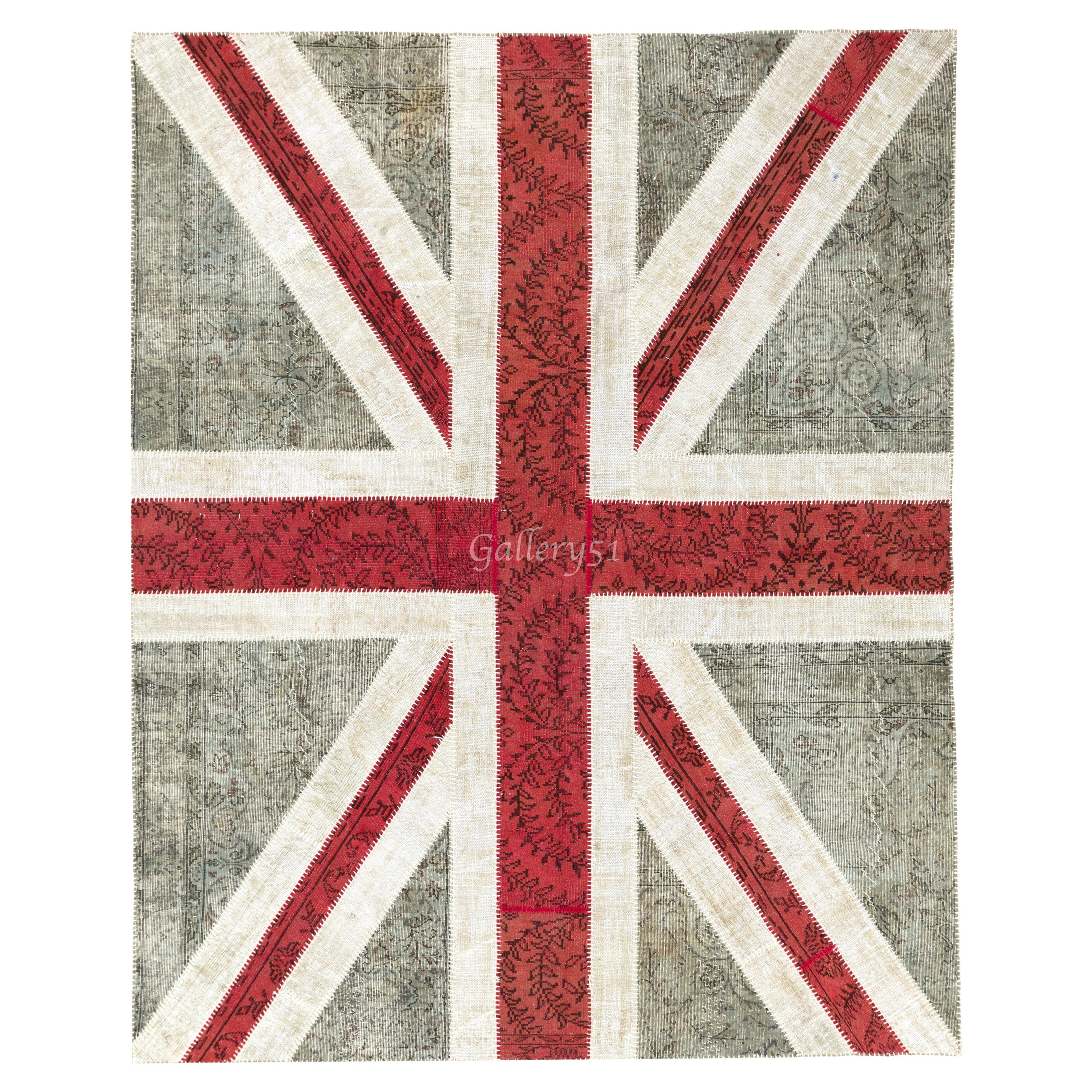 8x10 Ft Union Jack Design Patchwork-Teppich aus übergefärbten Vintage-Teppichen