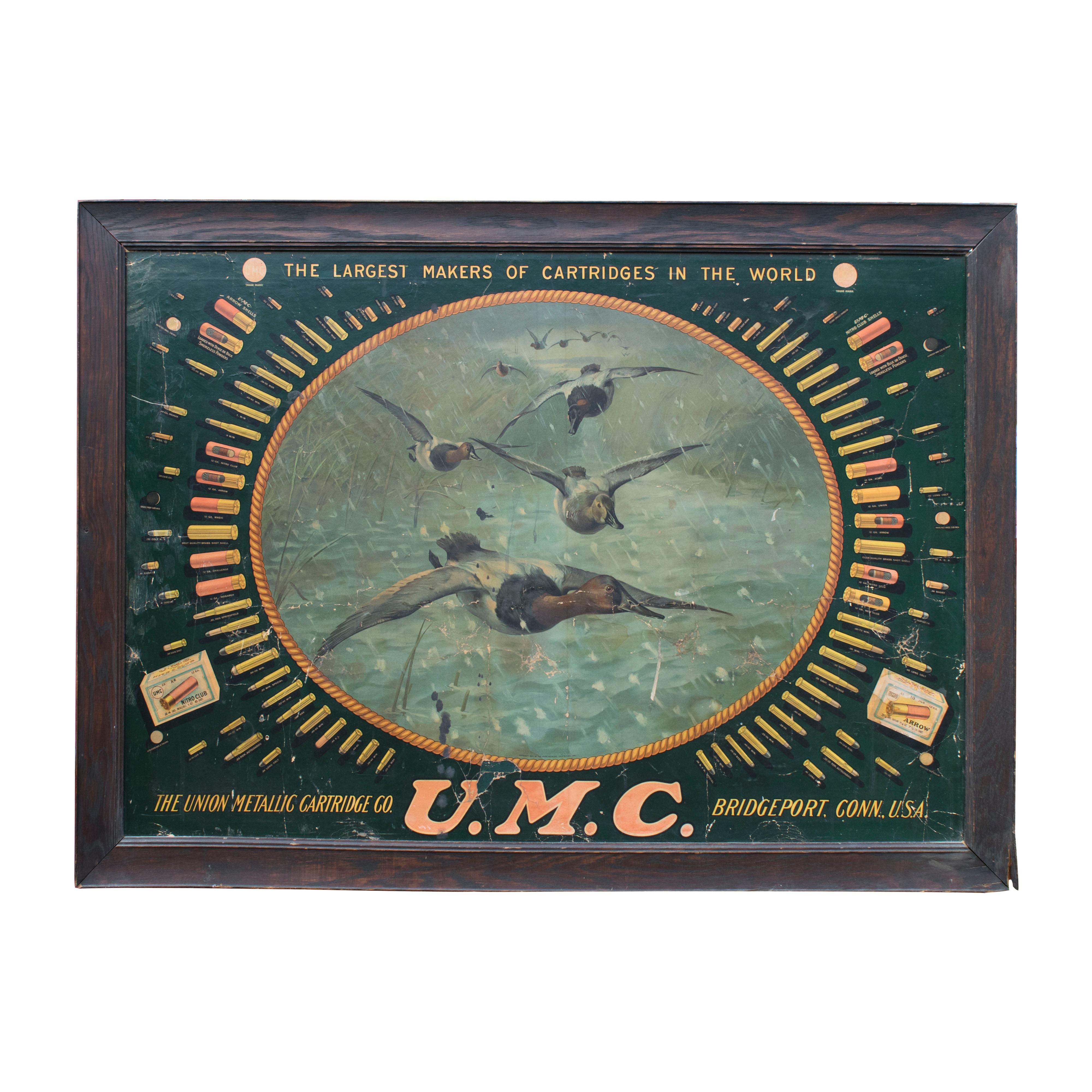 Union Metallic Cartridge Company
Item Number: A0968

Original U.M. Union Metallic Cartridge Co. bullet board lithograph. Vintage with original frame. This was a promotional item that was sent to dealers to advertise U.M.C. ammunition.

PERIOD: