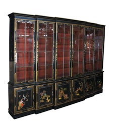 Union National Black Lacquer Chinoiserie Breakfront China Display Cabinet 116"