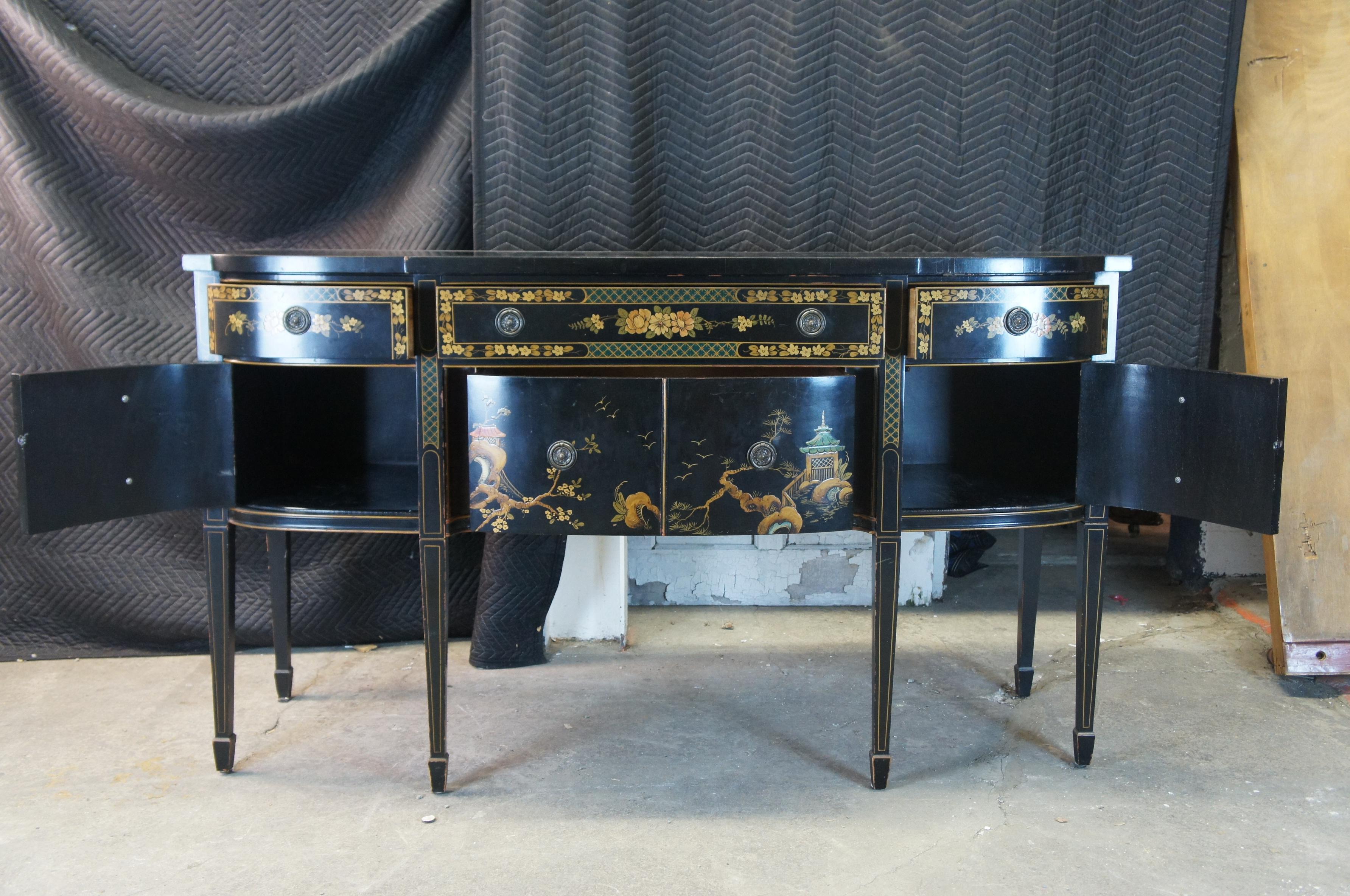 Late 20th Century Union National Black Lacquer Chinoiserie Buffet Sideboard Server Sheraton
