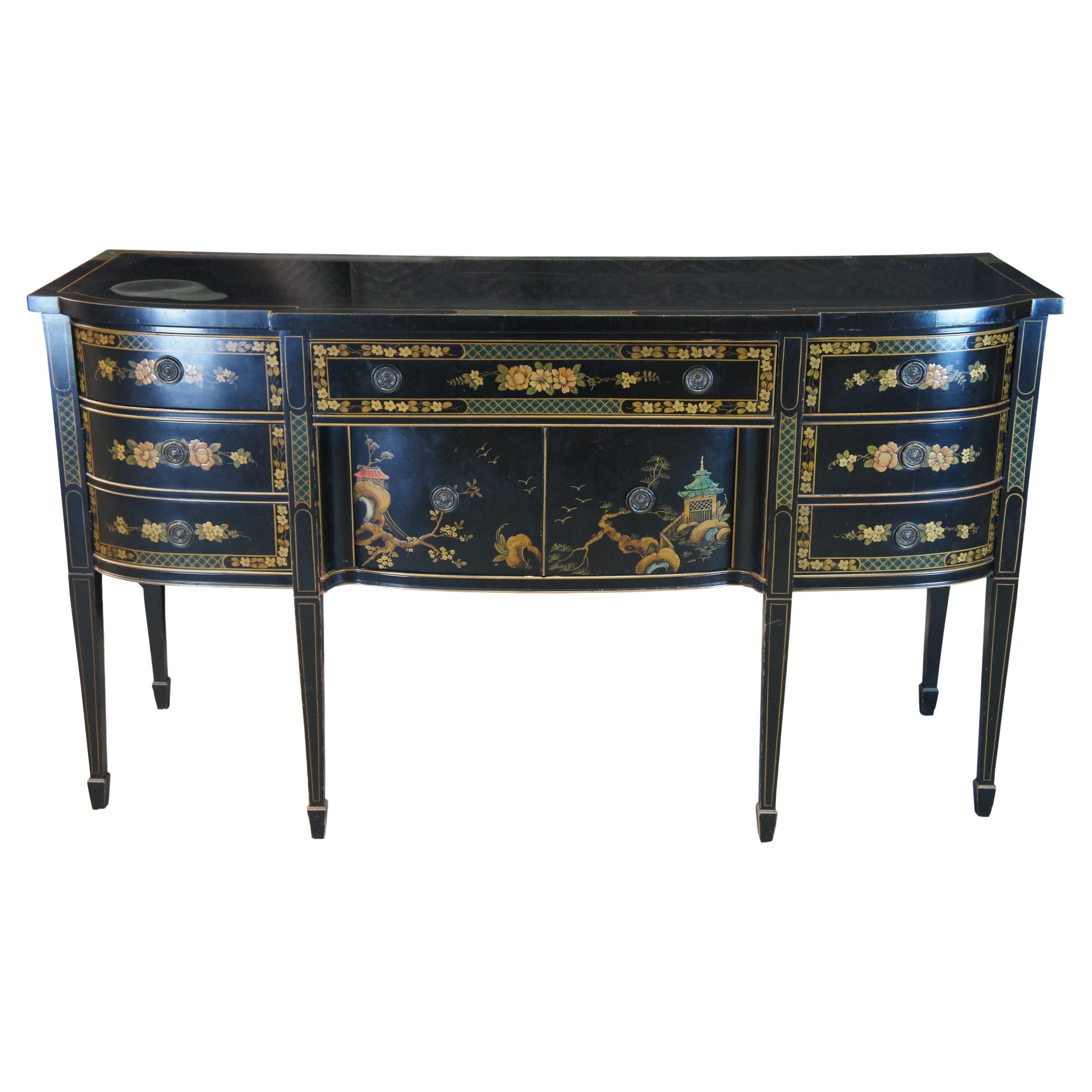 Union National Black Lacquer Chinoiserie Buffet Sideboard Server Sheraton
