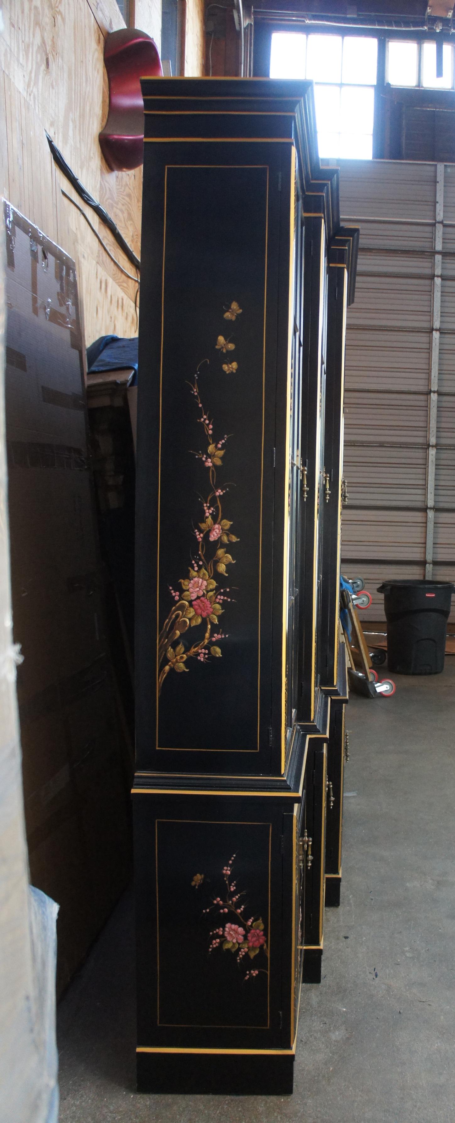 Union National Black Lacquered Chinoiserie Breakfront China Display Cabinet 2