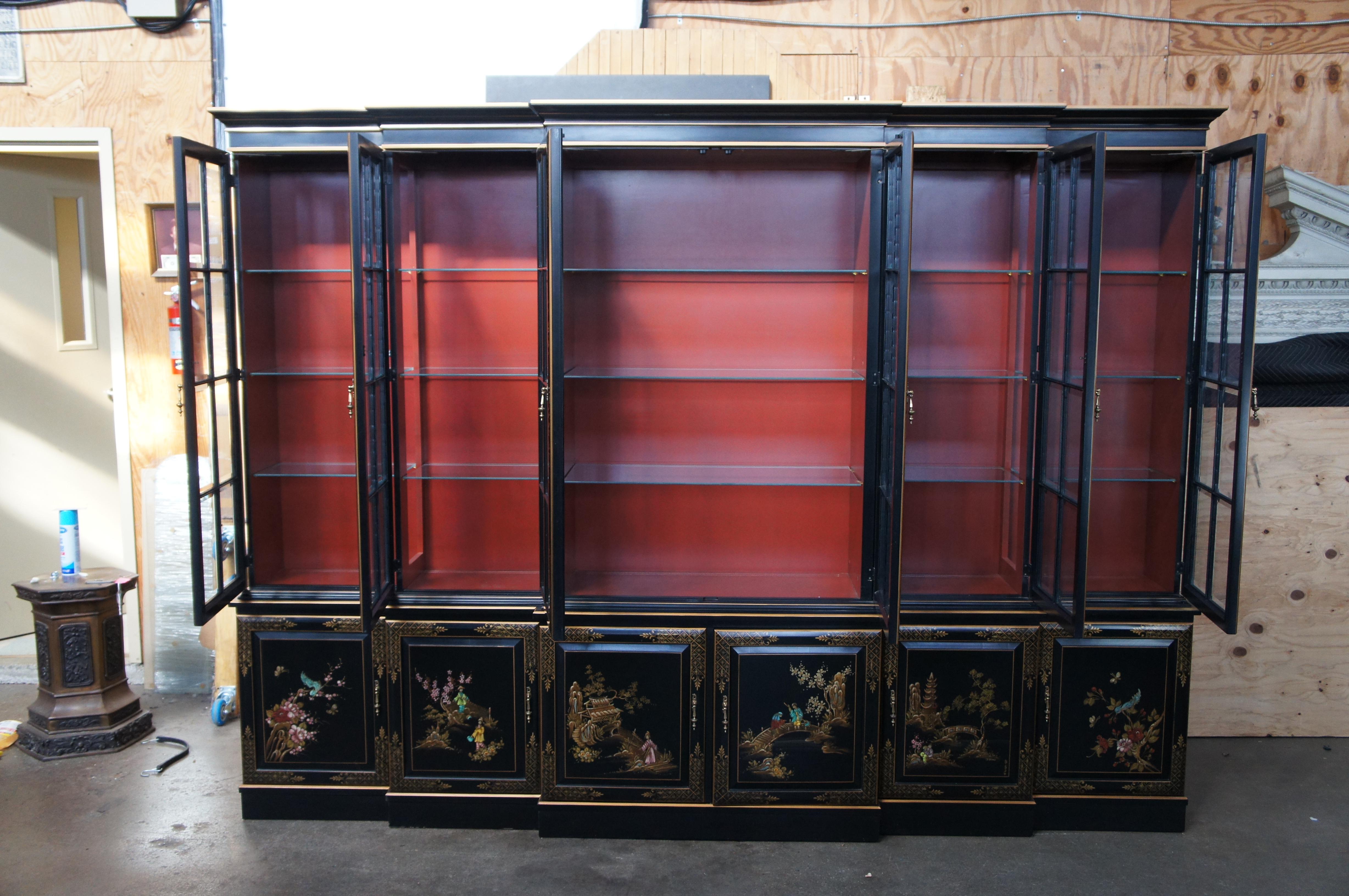 Union National Black Lacquered Chinoiserie Breakfront China Display Cabinet 116