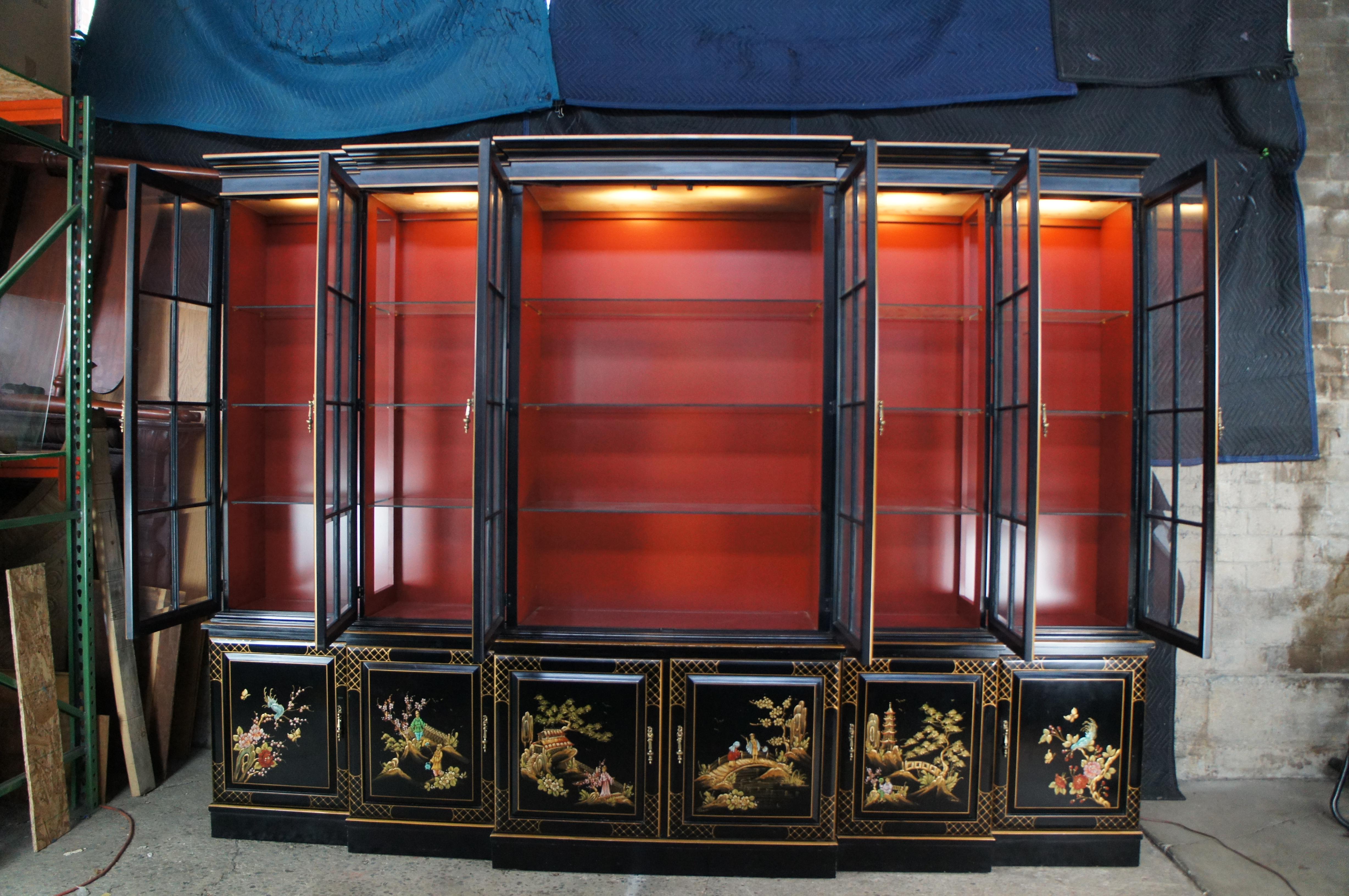 Union National Black Lacquered Chinoiserie Breakfront China Display Cabinet 116