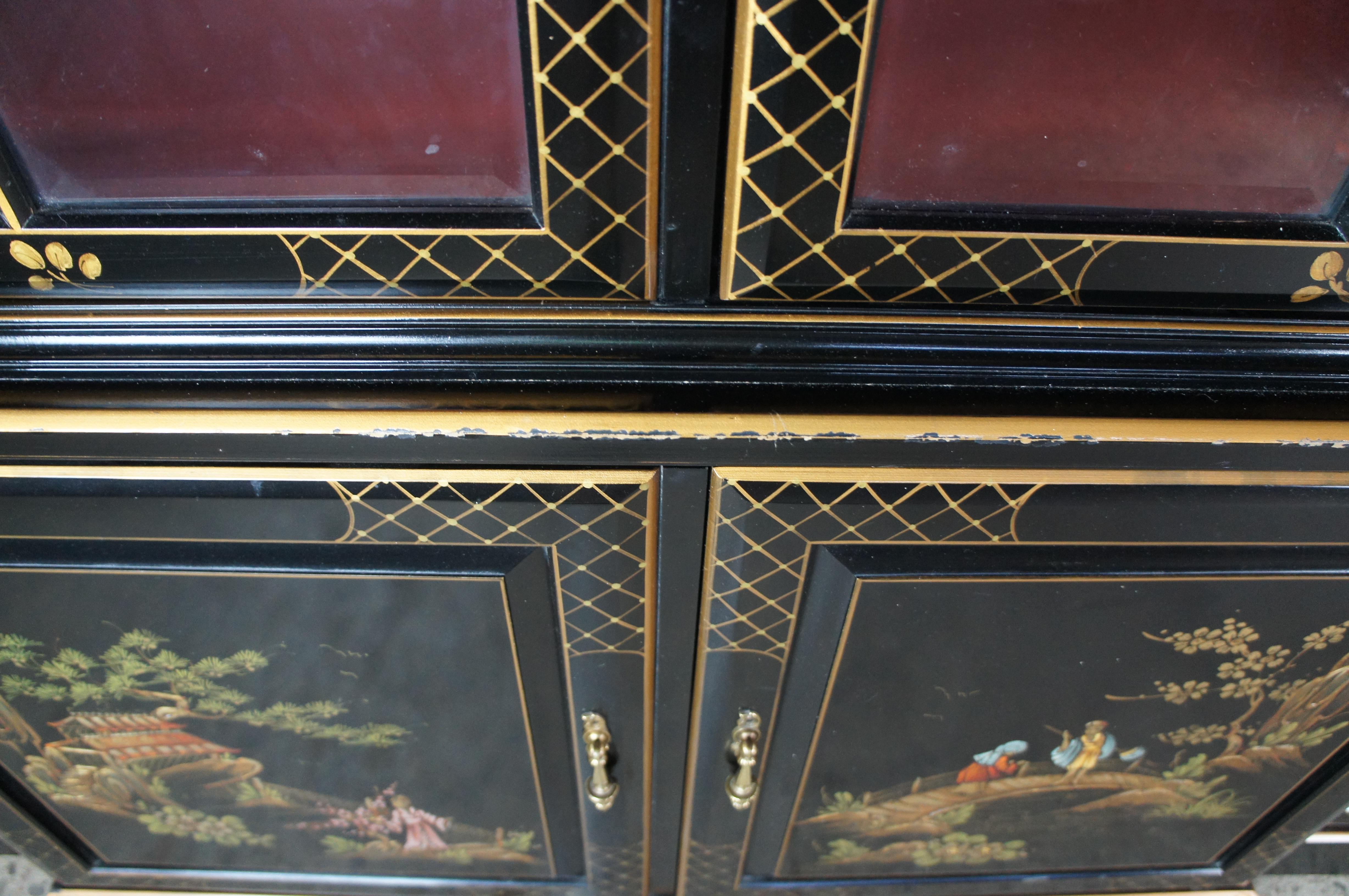 Union National Black Lacquered Chinoiserie Breakfront China Display Cabinet 116