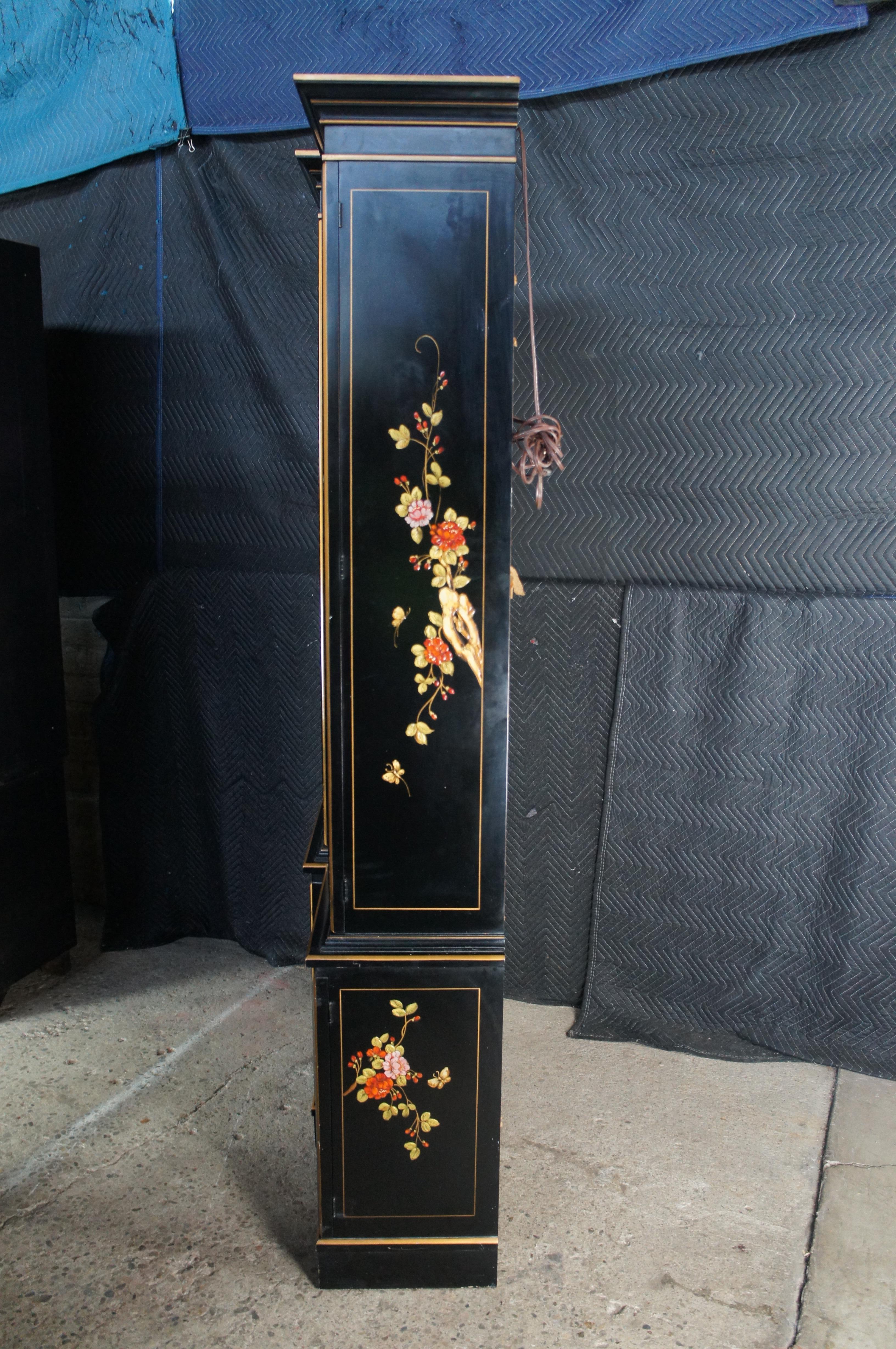Union National Black Lacquered Chinoiserie Breakfront China Display Cabinet 116