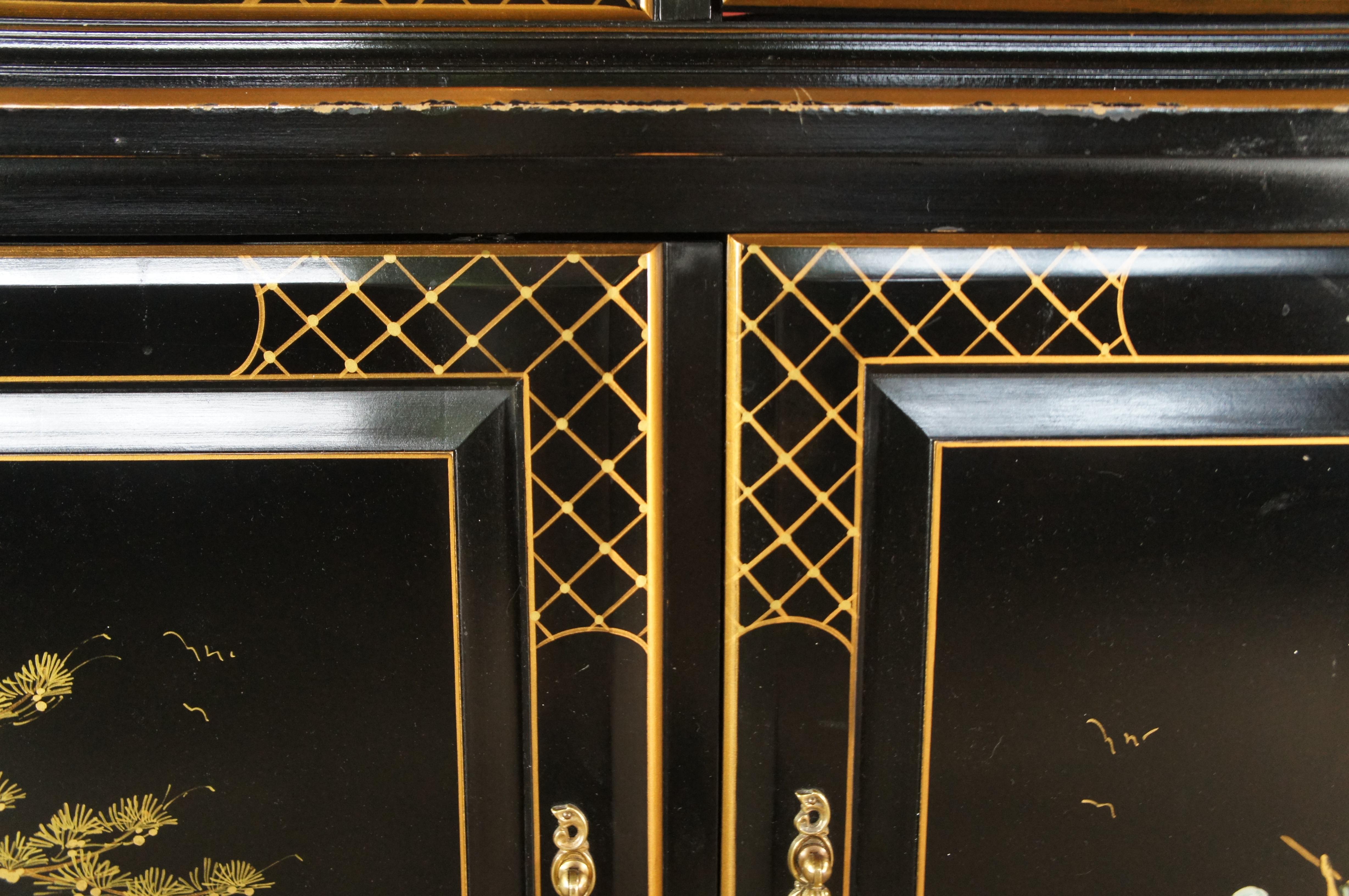 Union National Black Lacquered Chinoiserie Breakfront China Display Cabinet 116