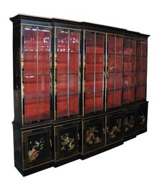 Union National Black Lacquered Chinoiserie Breakfront China Display Cabinet 116"
