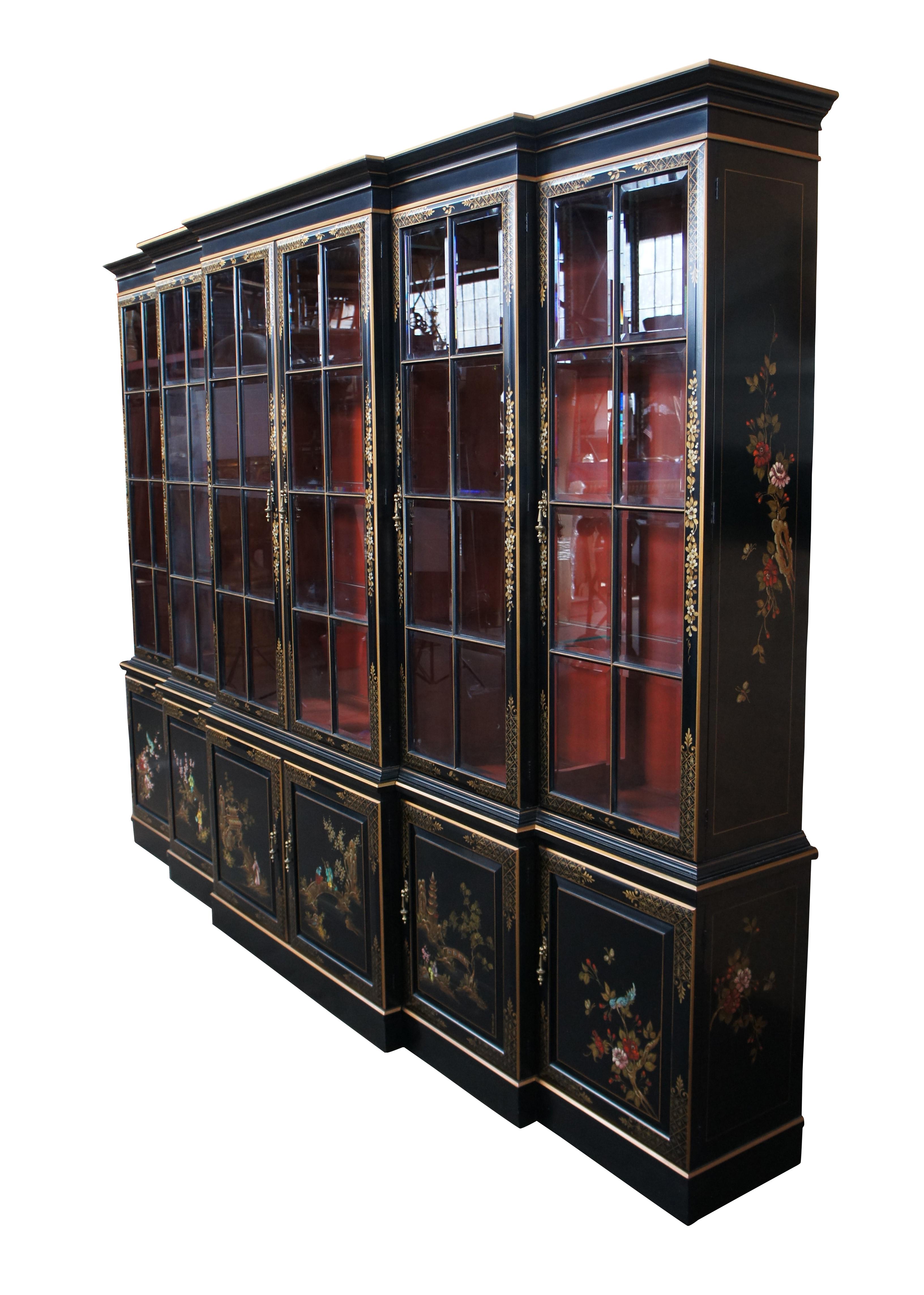 Union National Black Lacquered Chinoiserie Breakfront China Display Cabinet 116