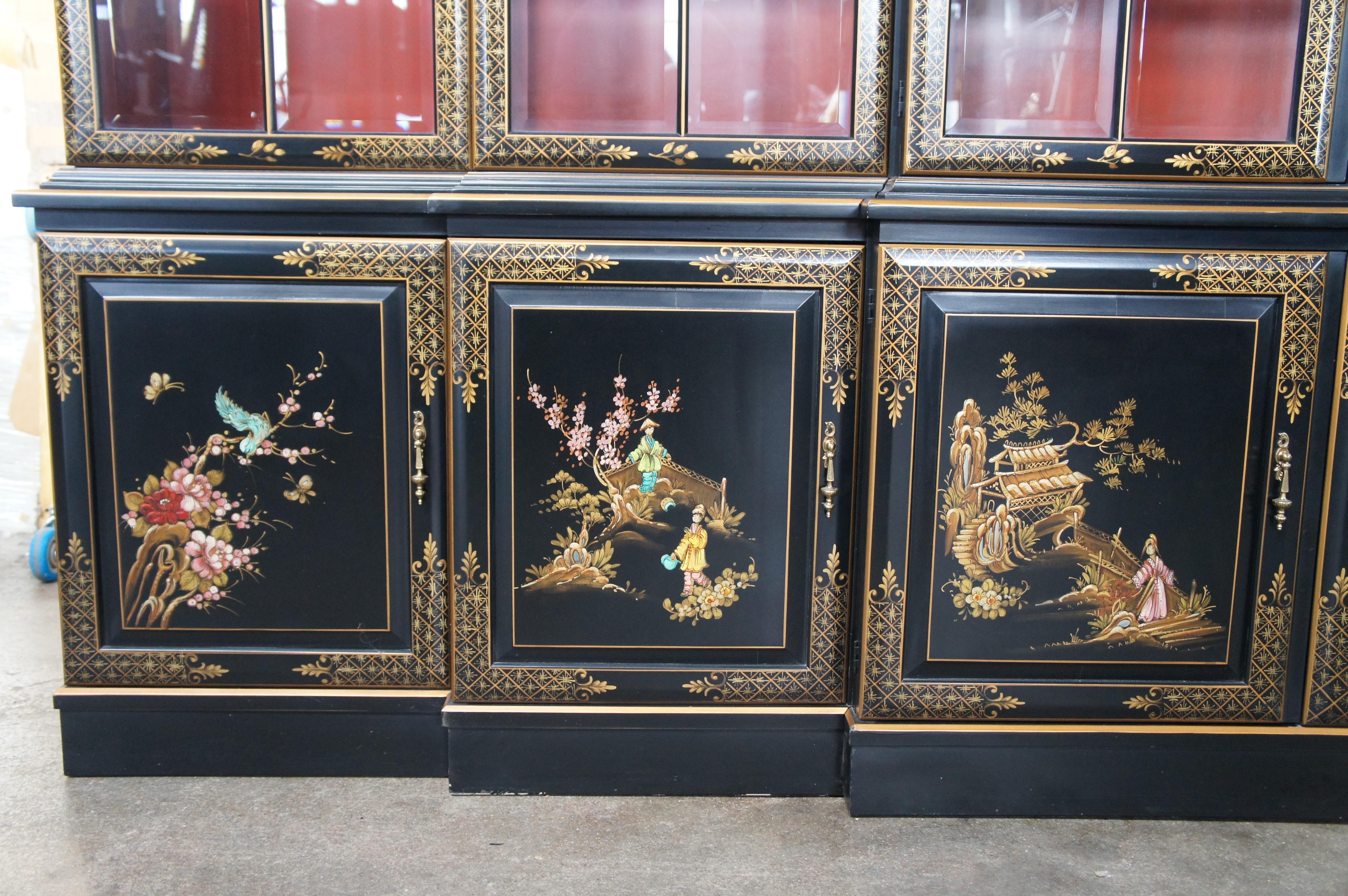 Late 20th Century Union National Black Lacquered Chinoiserie Breakfront China Display Cabinet 116