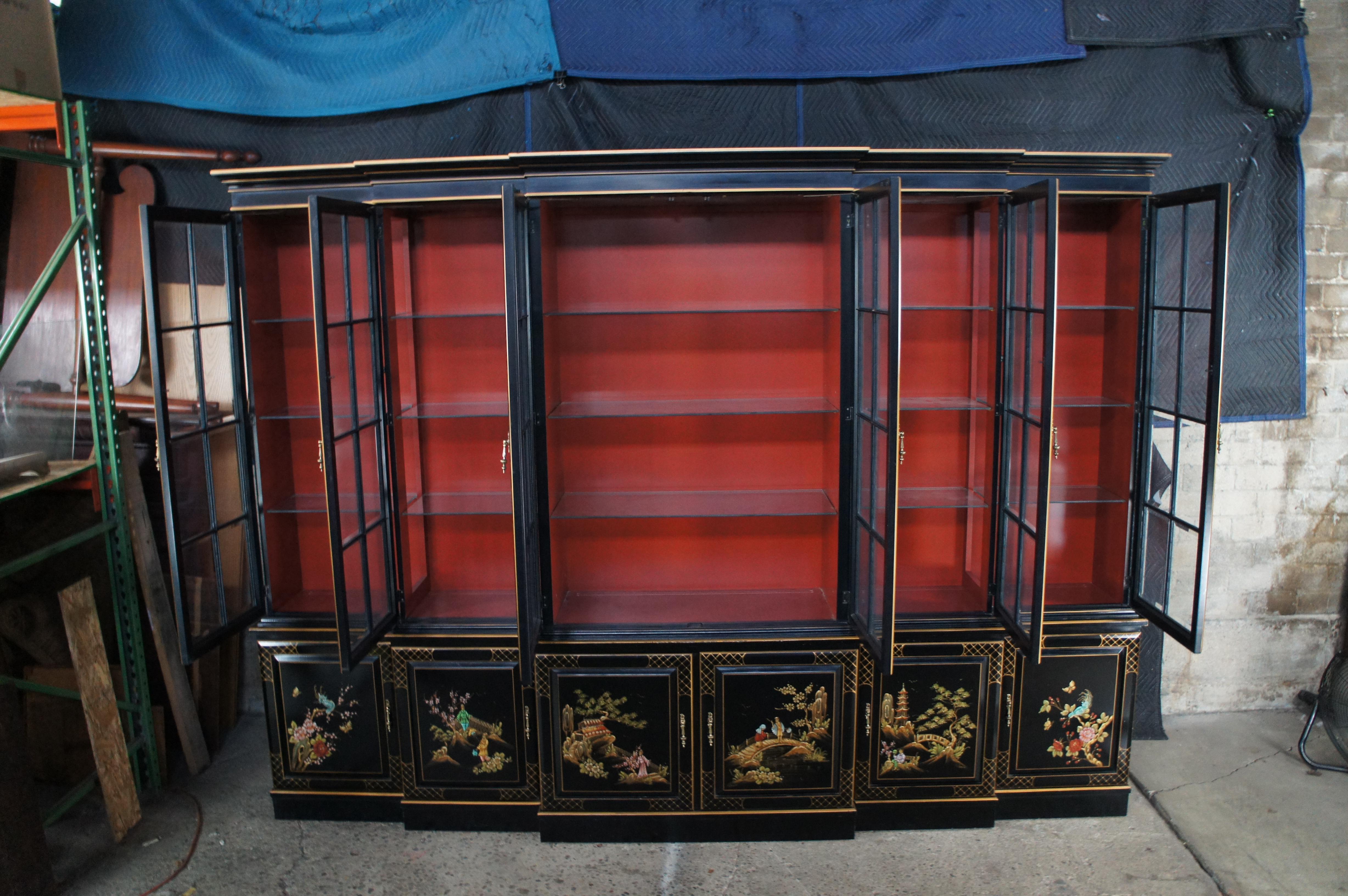 Union National Black Lacquered Chinoiserie Breakfront China Display Cabinet 116