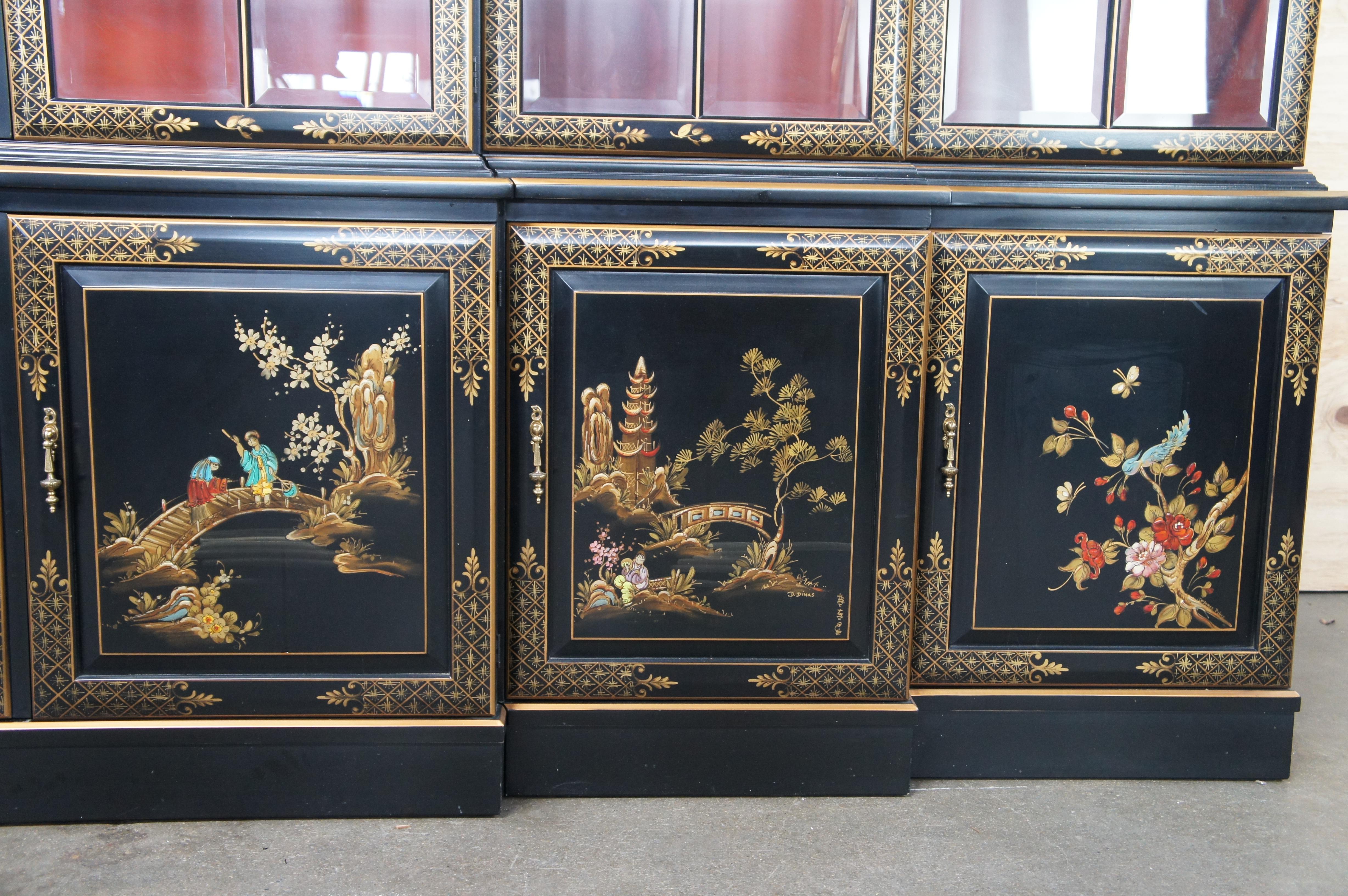 Glass Union National Black Lacquered Chinoiserie Breakfront China Display Cabinet 116