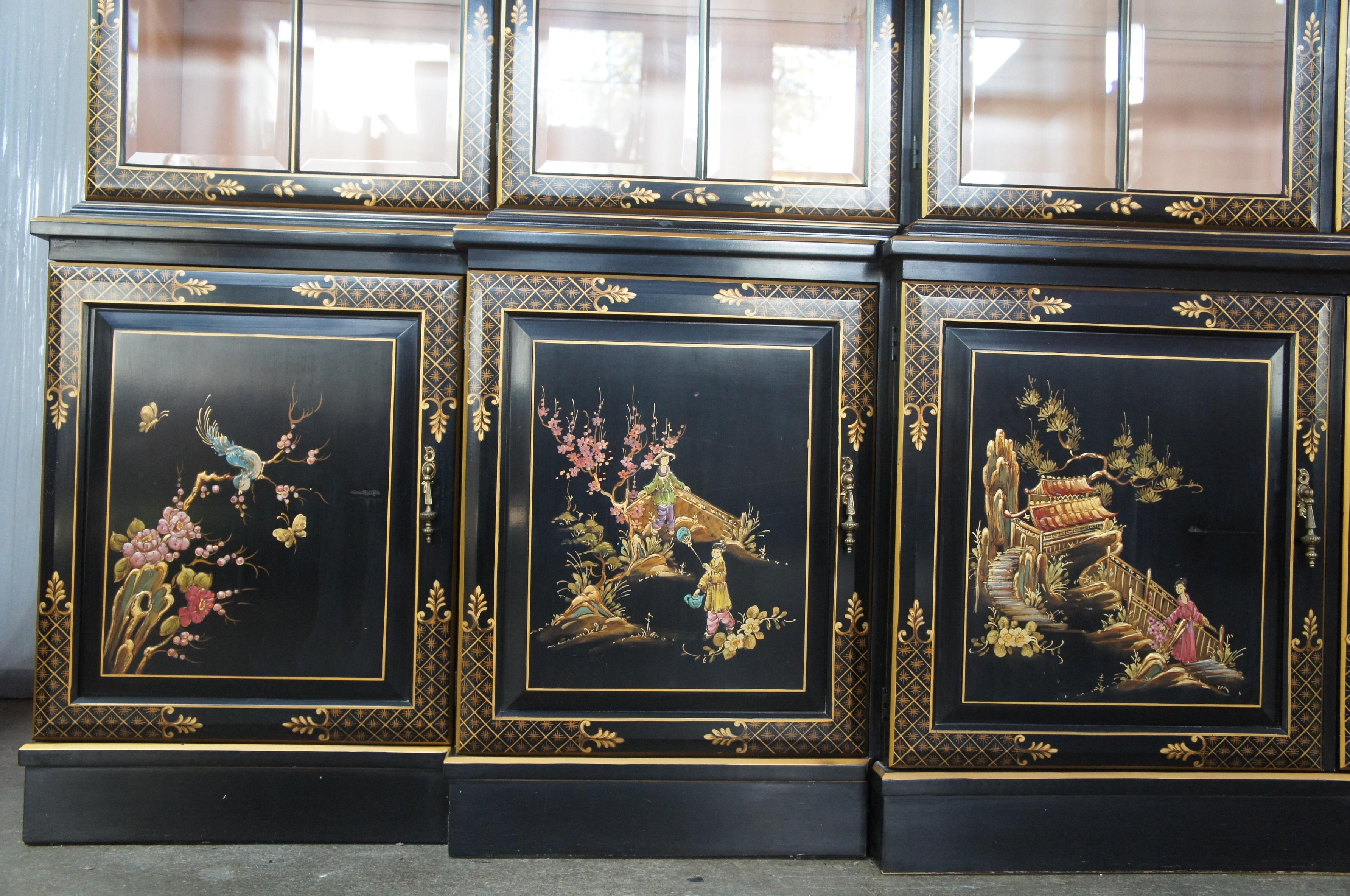 20th Century Union National Black Lacquered Chinoiserie Breakfront China Display Cabinet