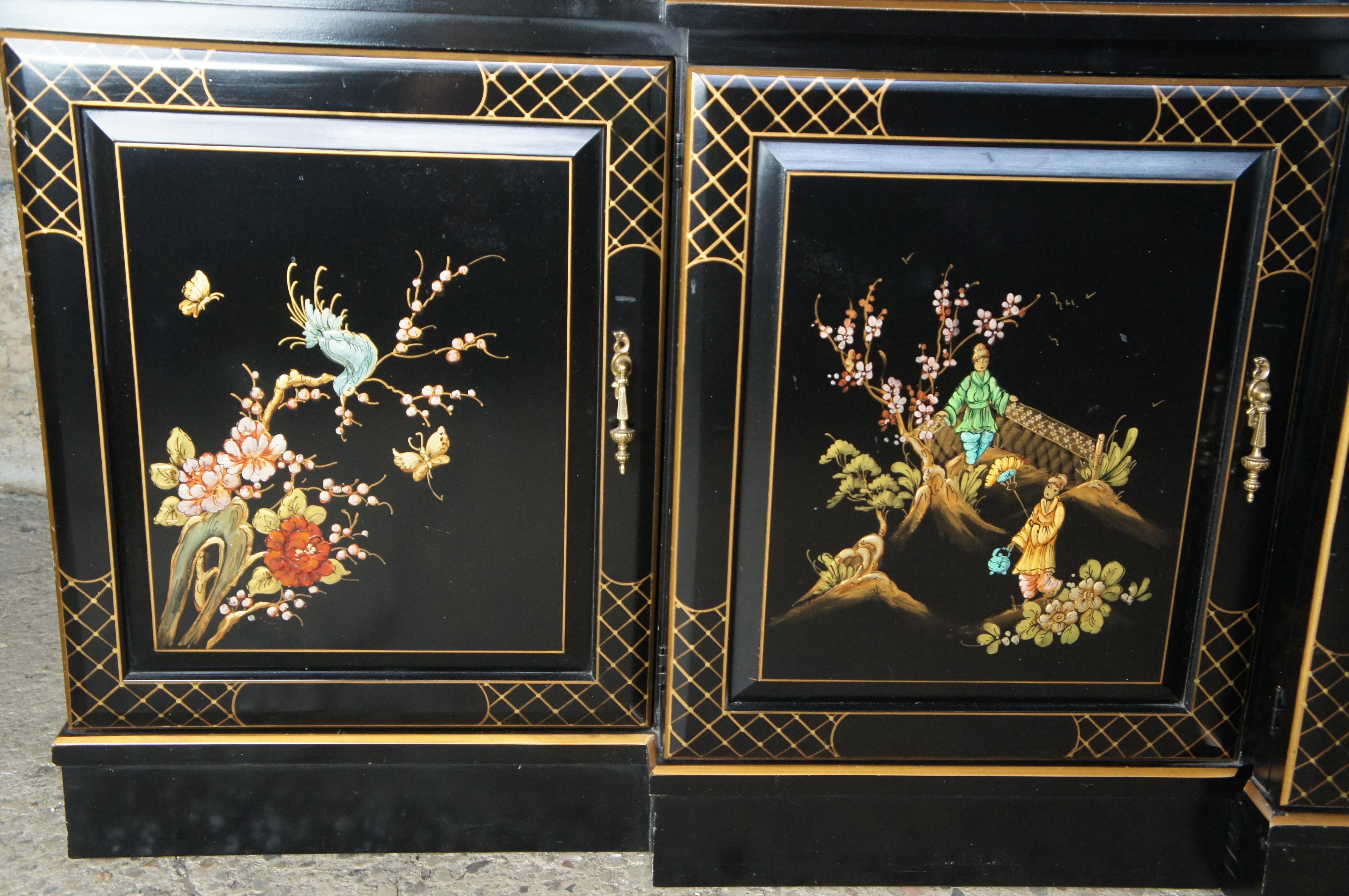 Union National Black Lacquered Chinoiserie Breakfront China Display Cabinet 116