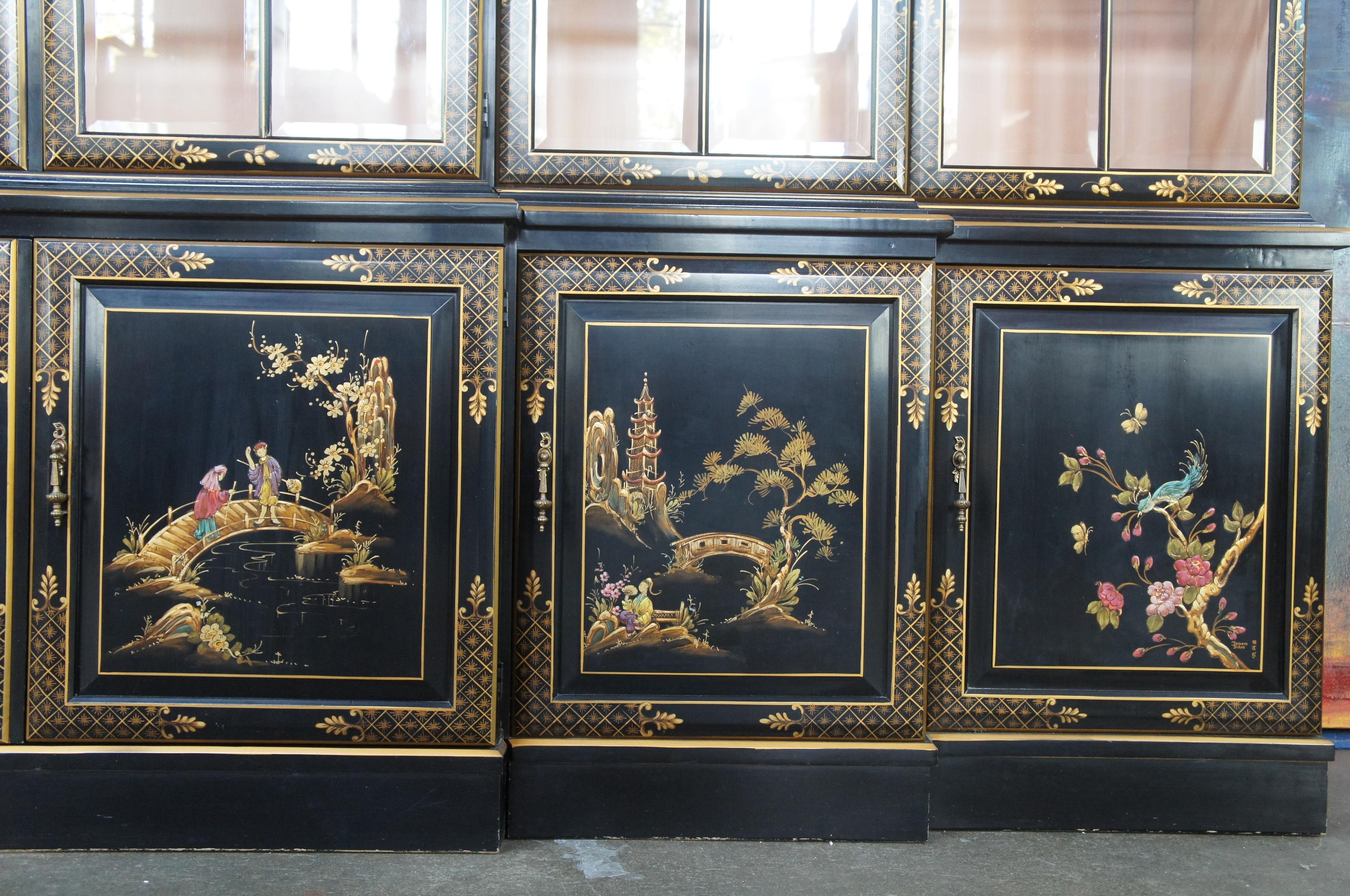 Glass Union National Black Lacquered Chinoiserie Breakfront China Display Cabinet