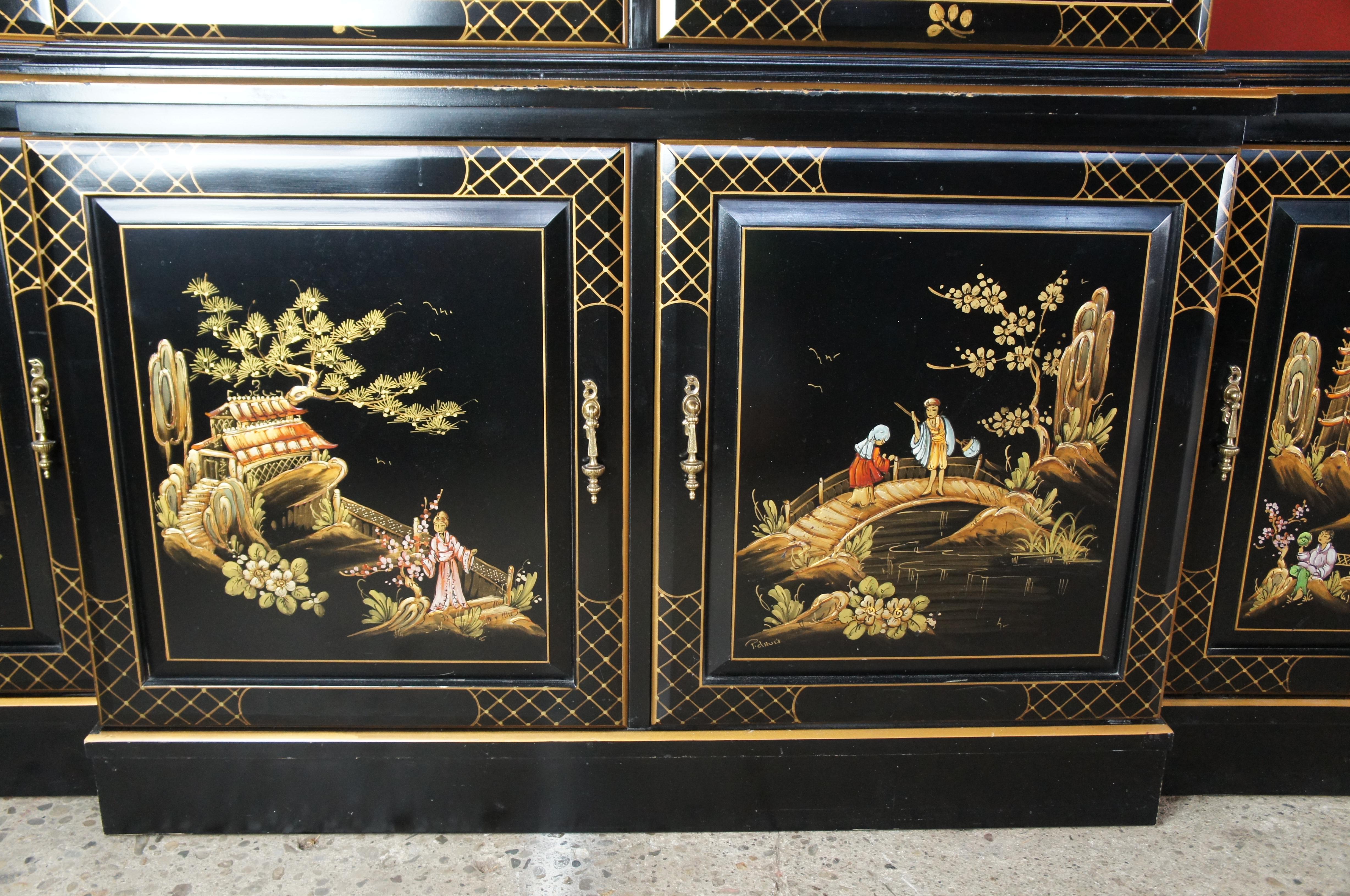 Union National Black Lacquered Chinoiserie Breakfront China Display Cabinet 116
