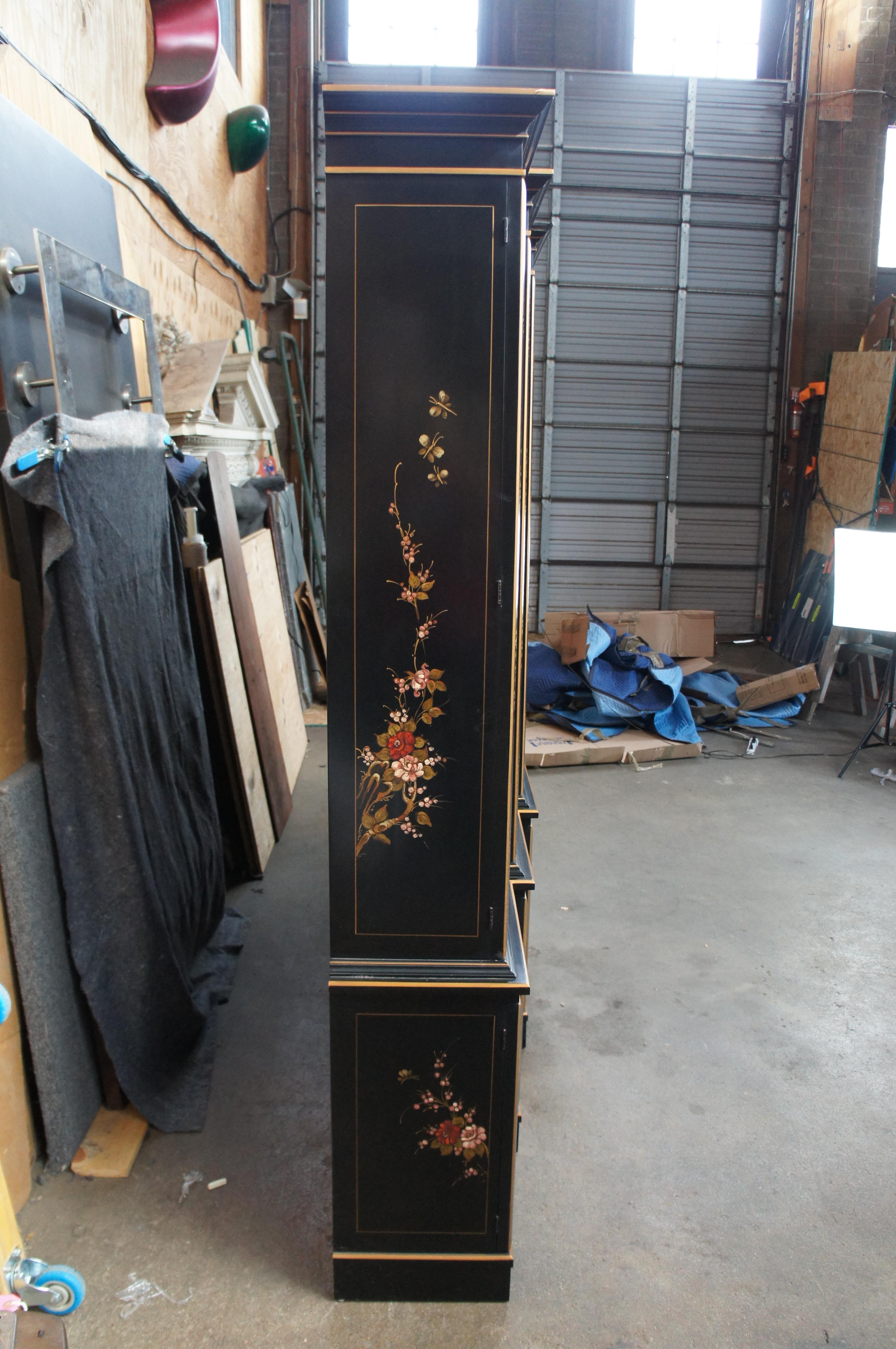 Union National Black Lacquered Chinoiserie Breakfront China Display Cabinet 116