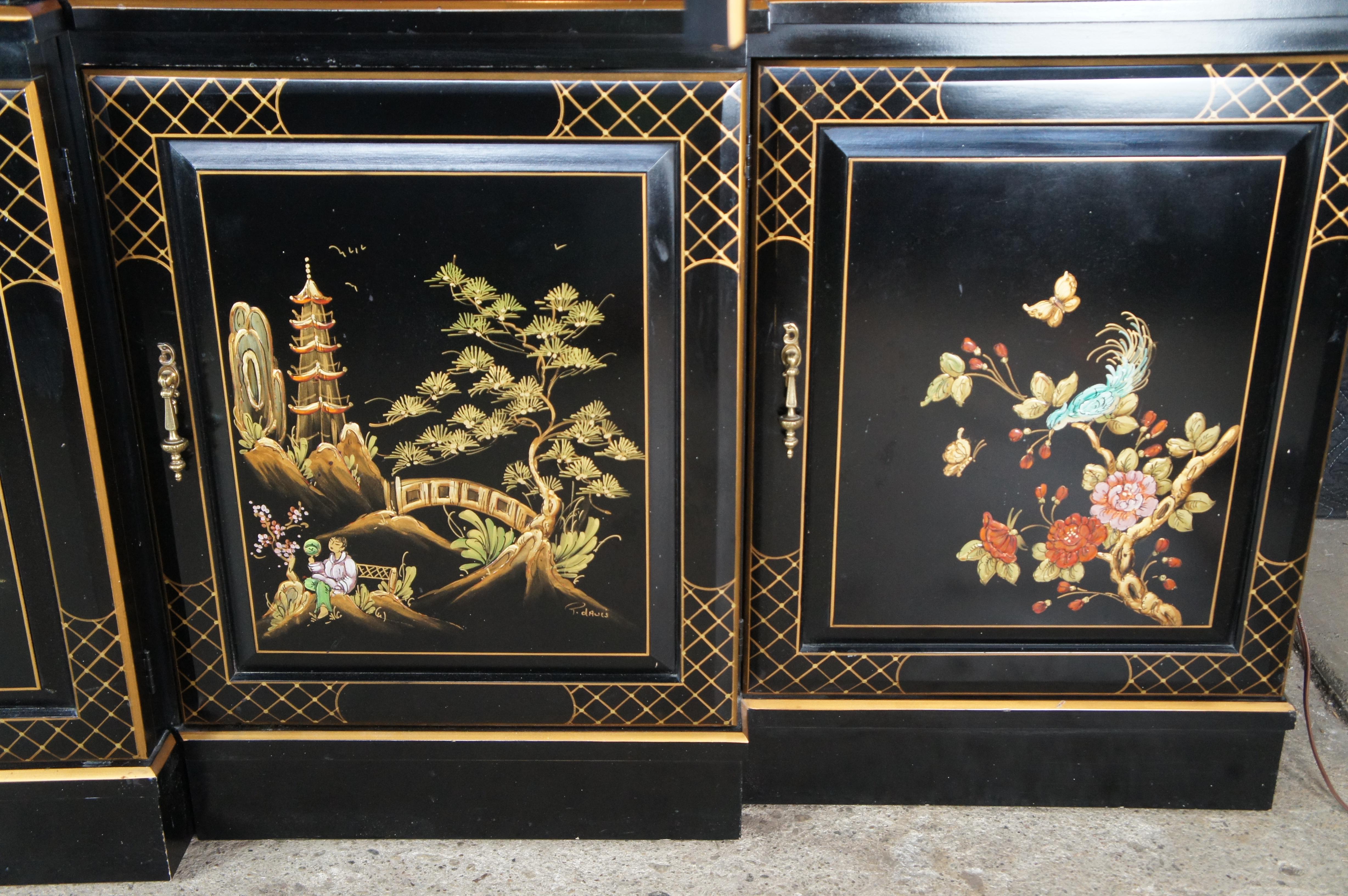 Union National Black Lacquered Chinoiserie Breakfront China Display Cabinet 116