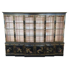 Union National Black Lacquered Chinoiserie Breakfront China Display Cabinet