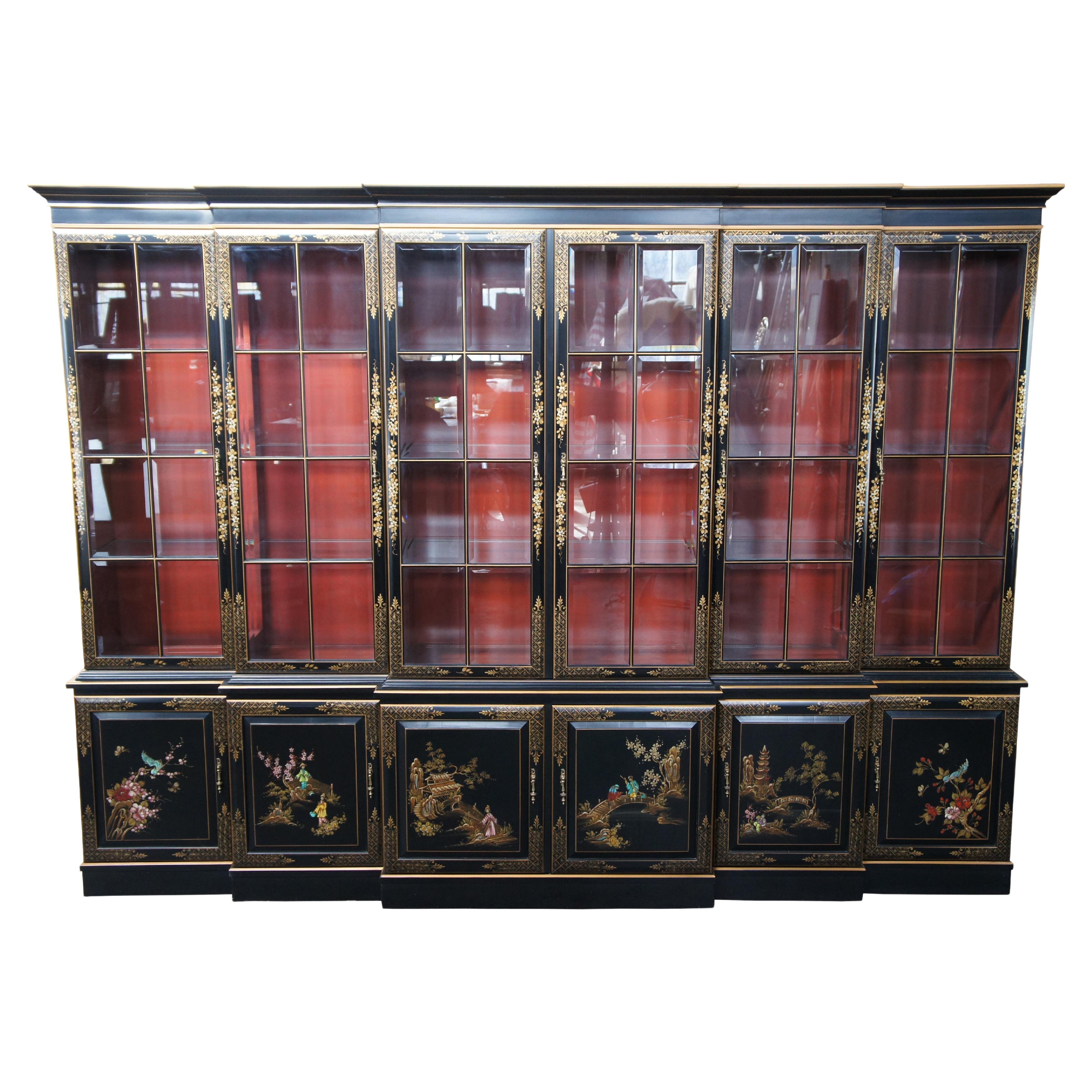 Union National Black Lacquered Chinoiserie Breakfront China Display Cabinet 116" For Sale