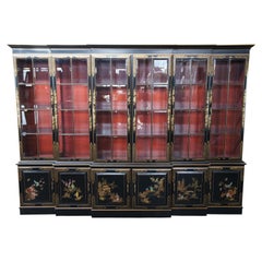 Union National Black Lacquered Chinoiserie Breakfront China Display Cabinet 116"