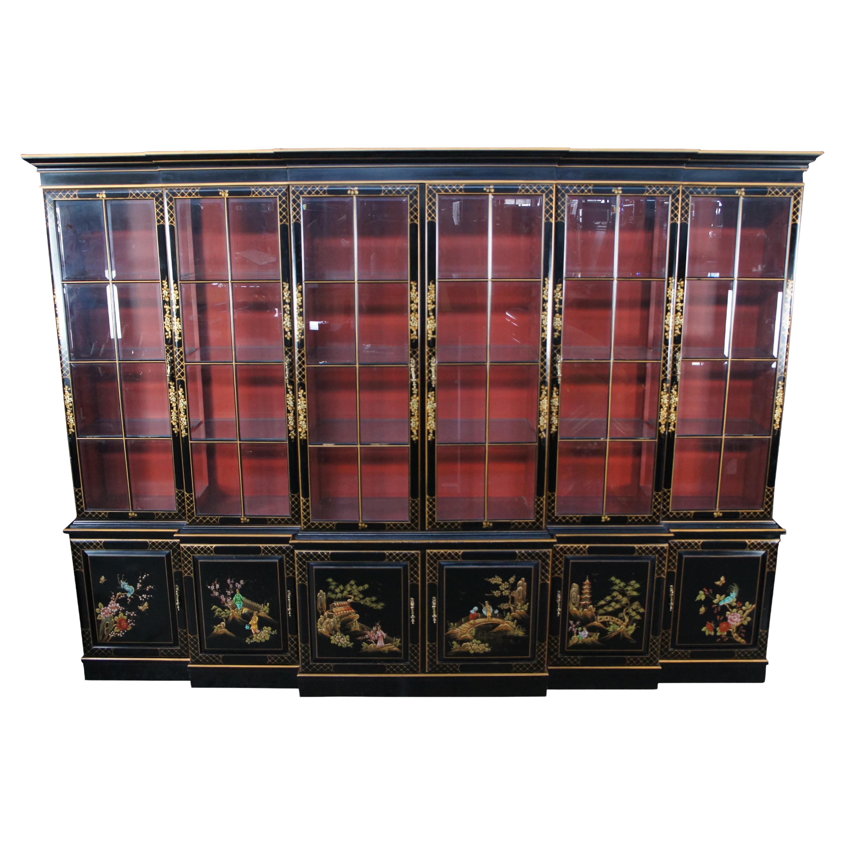Union National Black Lacquered Chinoiserie Breakfront China Display Cabinet 116" For Sale