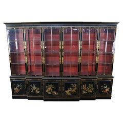 Union National Black Lacquered Chinoiserie Breakfront China Display Cabinet 116"