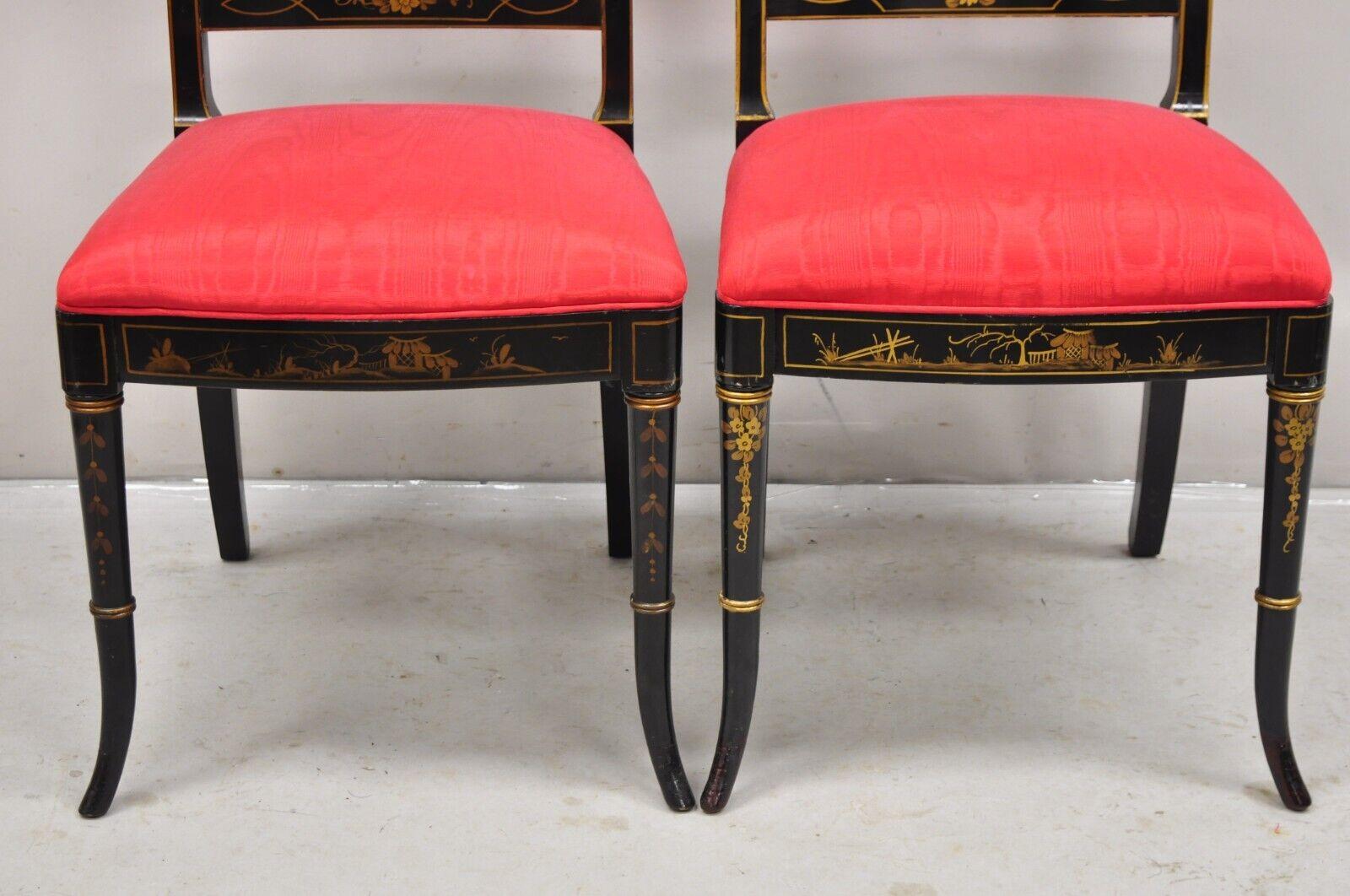 Union National Chinoiserie English Regency Black Painted Dining Chair - Set of 6 en vente 5
