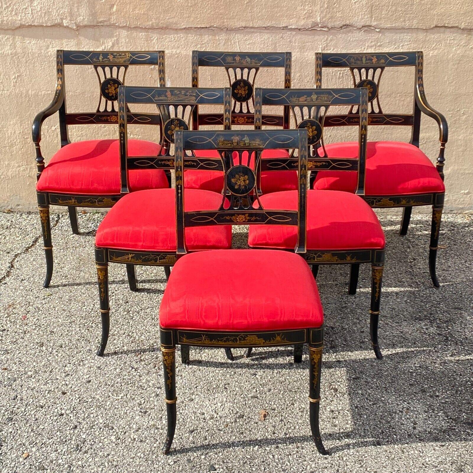 Union National Chinoiserie English Regency Black Painted Dining Chair - Set of 6 en vente 6
