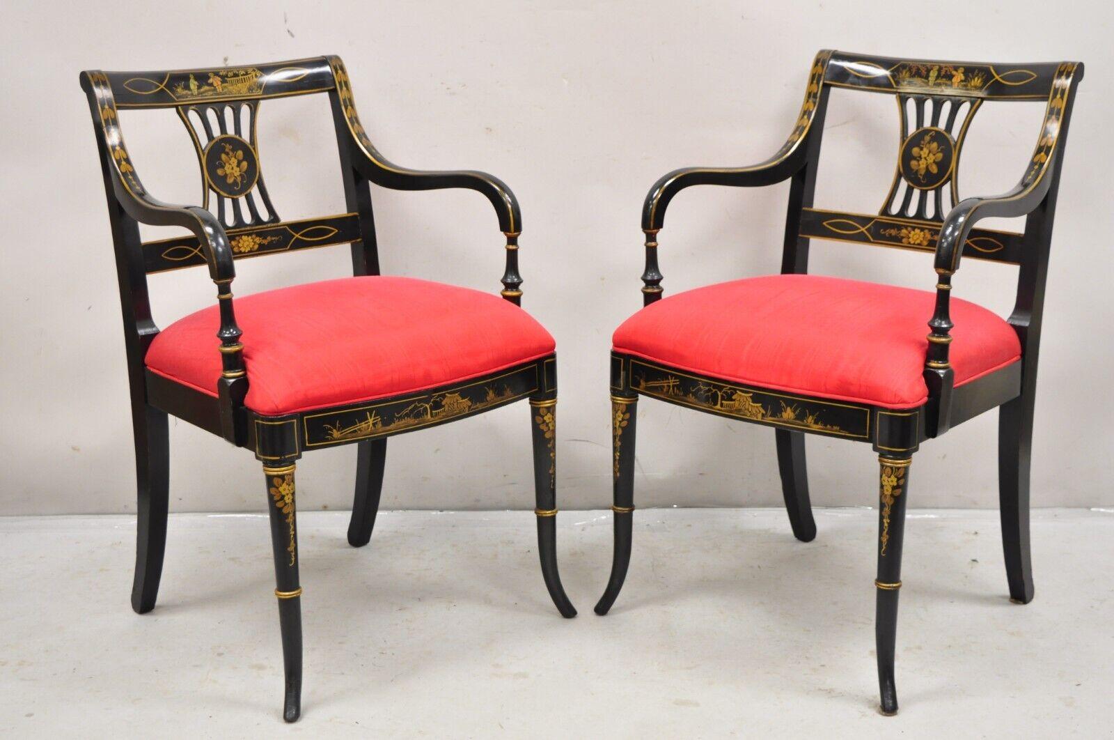Union National Chinoiserie English Regency Black Painted Dining Chair - Set of 6 In Good Condition For Sale In Philadelphia, PA