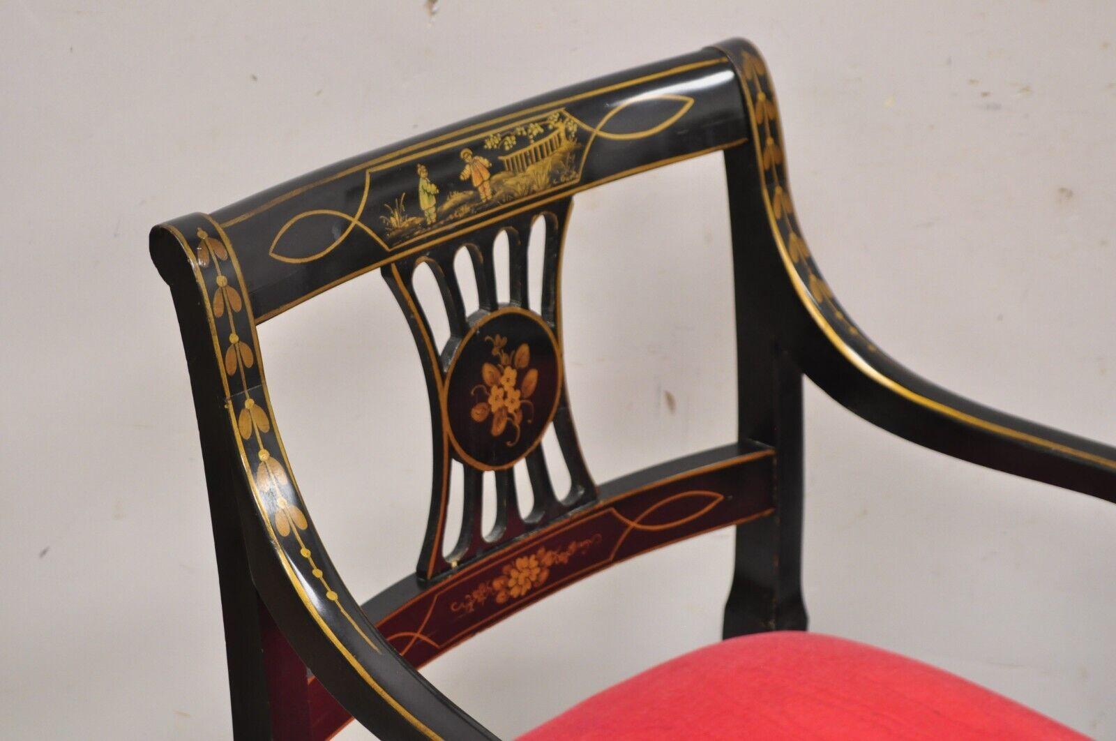 20th Century Union National Chinoiserie English Regency Black Painted Dining Chair - Set of 6 For Sale