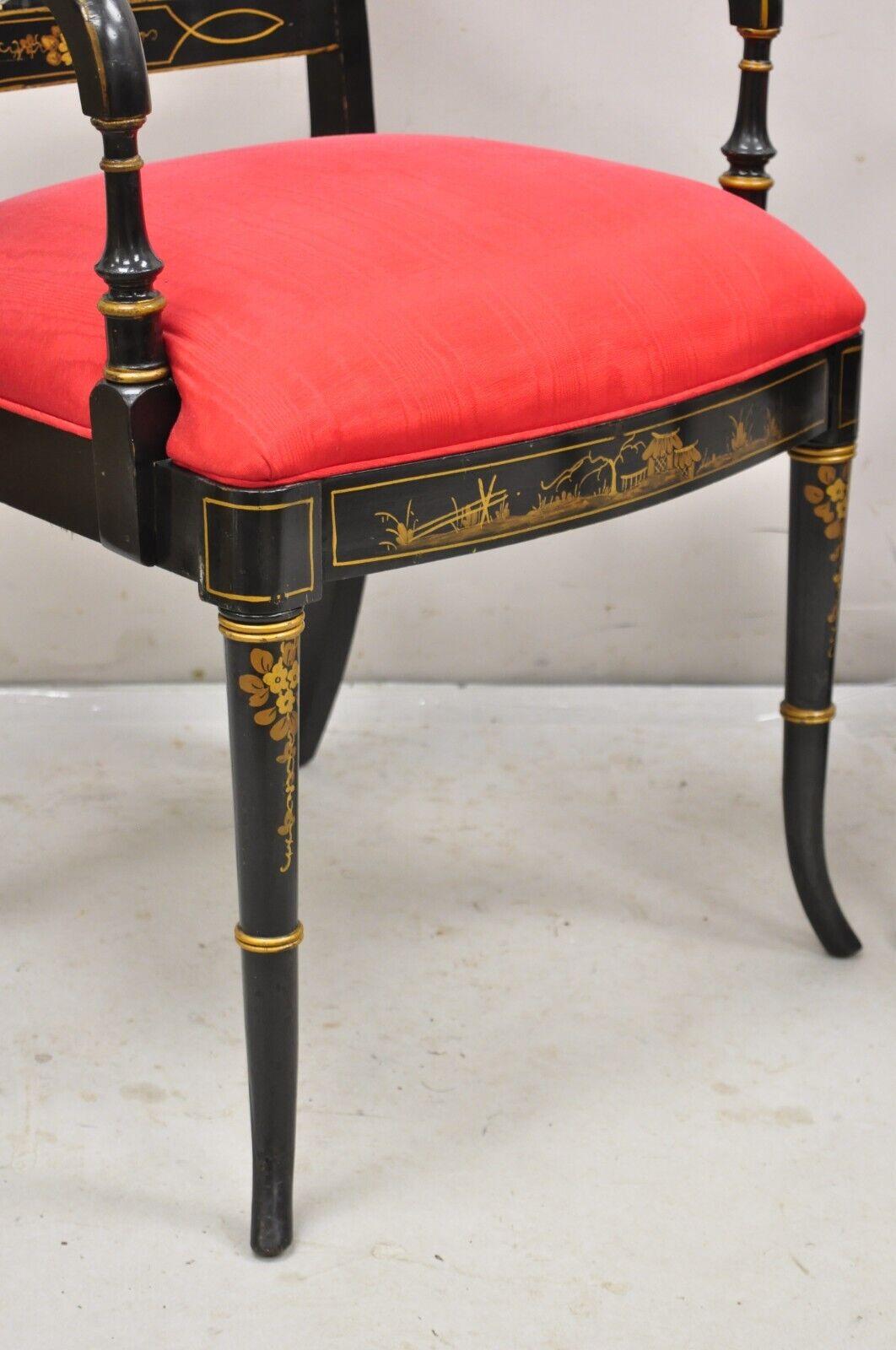 20ième siècle Union National Chinoiserie English Regency Black Painted Dining Chair - Set of 6 en vente