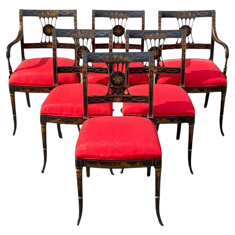 Union National Chinoiserie English Regency Black Painted Dining Chair - Set of 6 For Sale