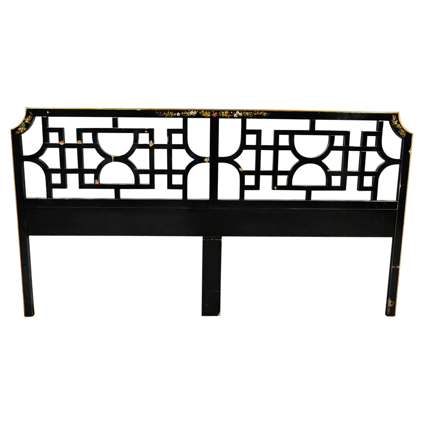 Union National Chinoiserie Fretwork King Headboard Black Floral Design Distress