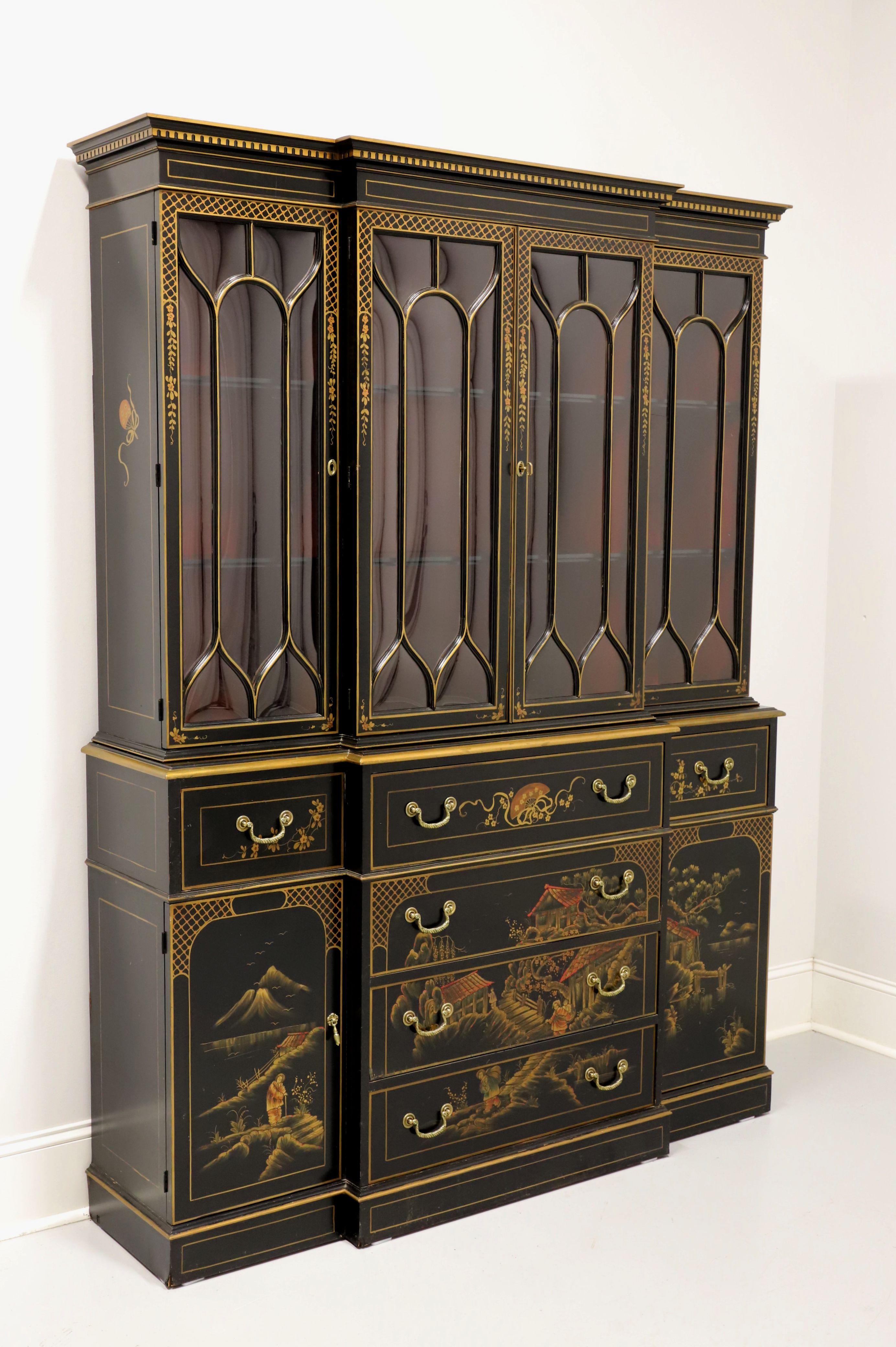A breakfront china cabinet, with secretary desk, in the Asian Chinoiserie style, by Union-National. Solid hardwood with hand painted Chinoiserie scenes & gold accents on black lacquer, brass hardware, crown & dentil moulding to top, bevel edge to