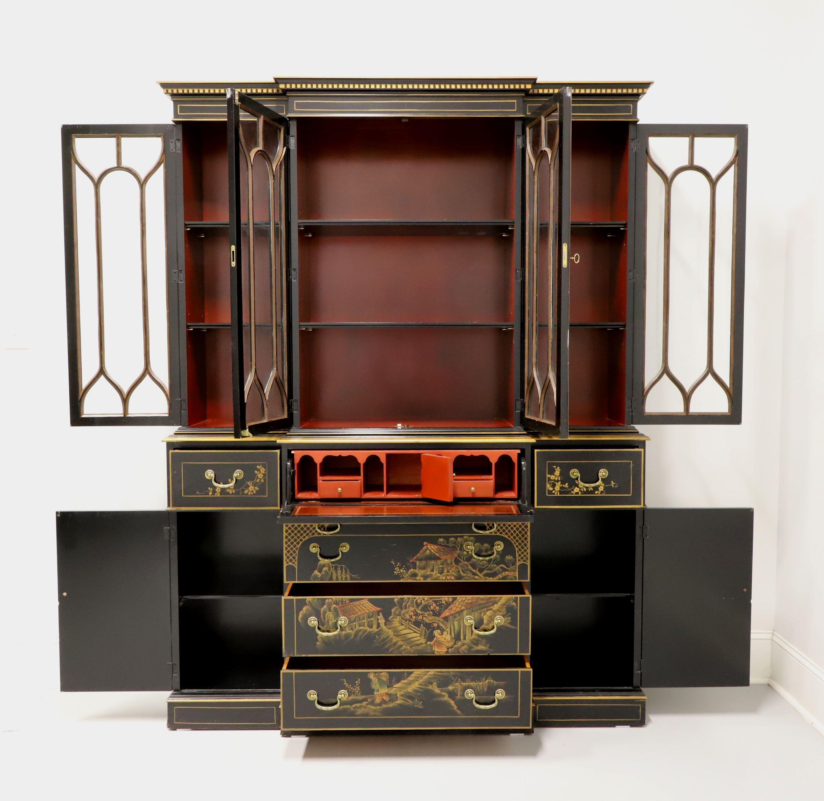 20th Century UNION-NATIONAL Chinoiserie Hand Painted Breakfront Secretary Desk China Cabinet