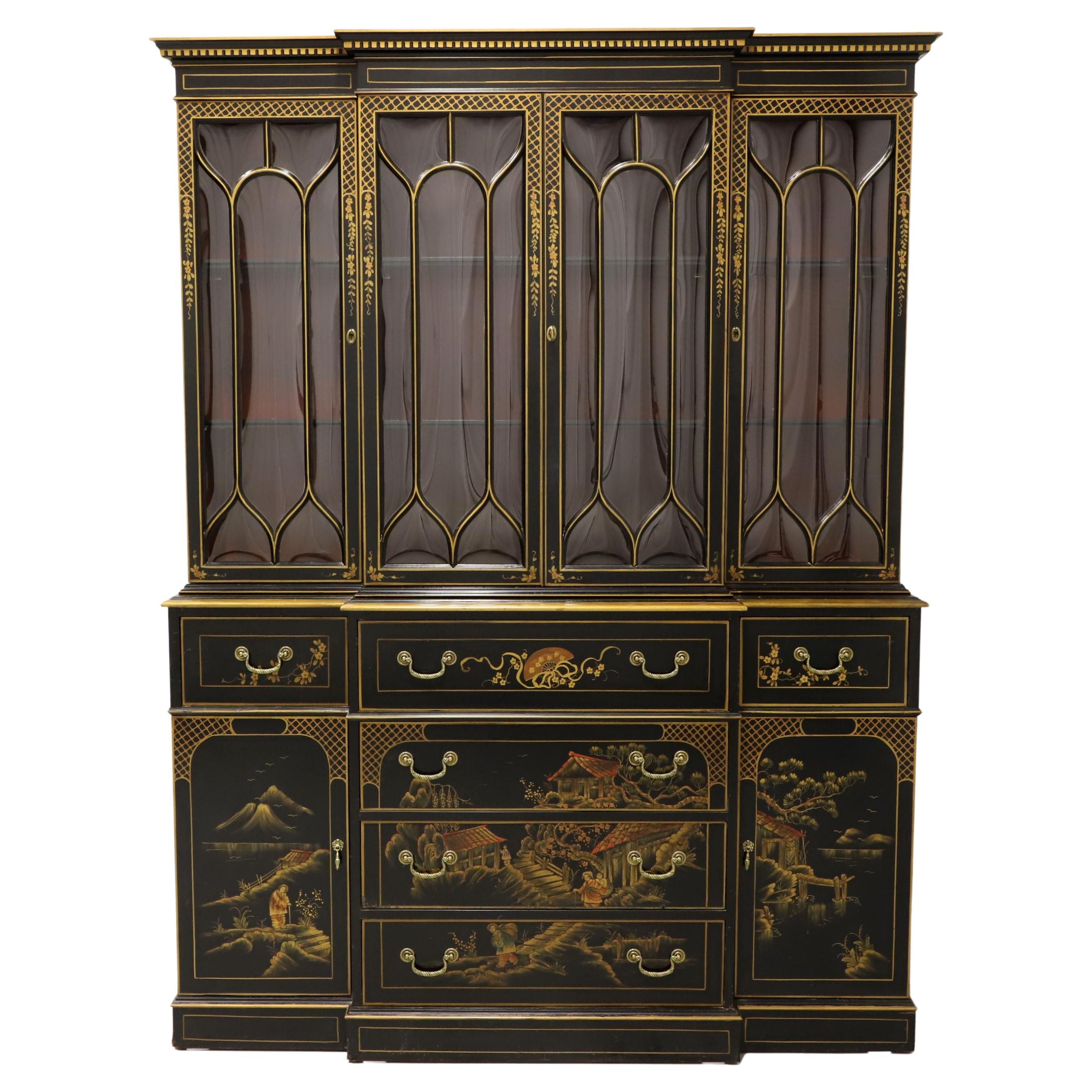UNION-NATIONAL Chinoiserie Hand Painted Breakfront Secretary Desk China Cabinet