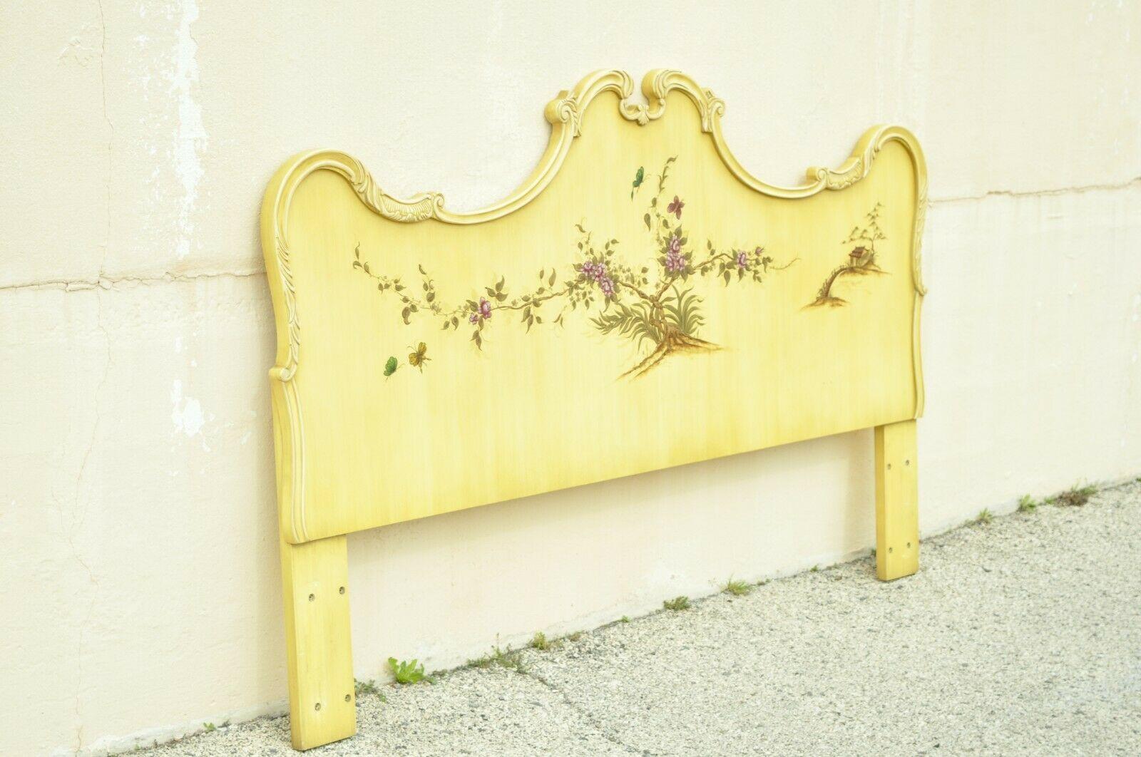 Union National yellow Chinoiserie paint decorated lacquer king size bed headboard. Item features impressive king size frame, yellow lacquer finish with chinoiserie decoration, original label, quality American craftsmanship, great style and form.