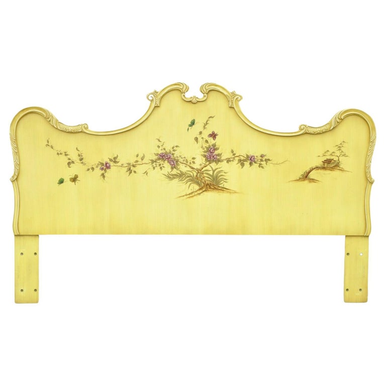 Union National Chinoiserie Yellow Paint Decorated King Size Bed Headboard For Sale
