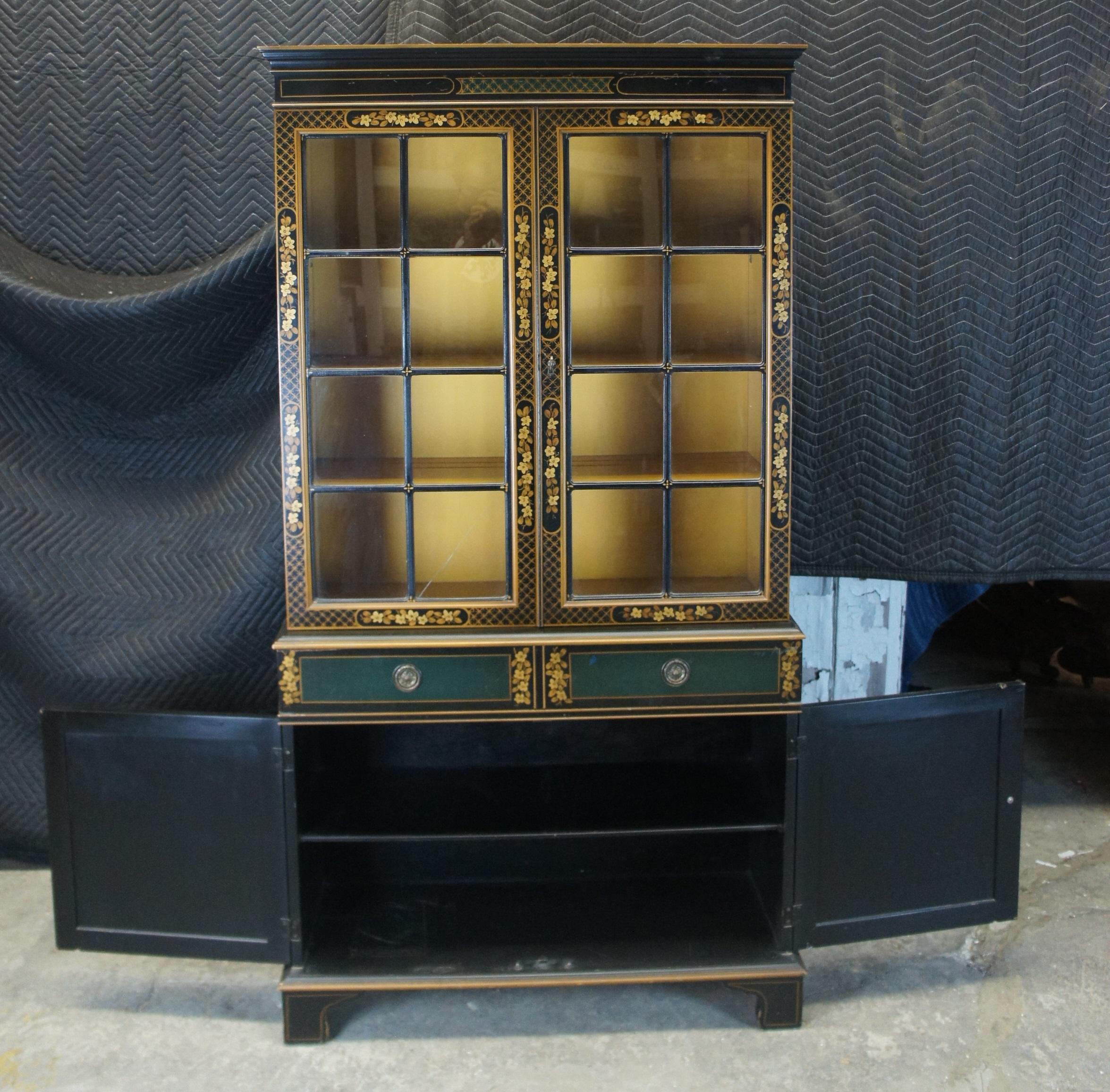Union National Green & Black Lacquer Chinoiserie China Hutch Display Cabinet 3