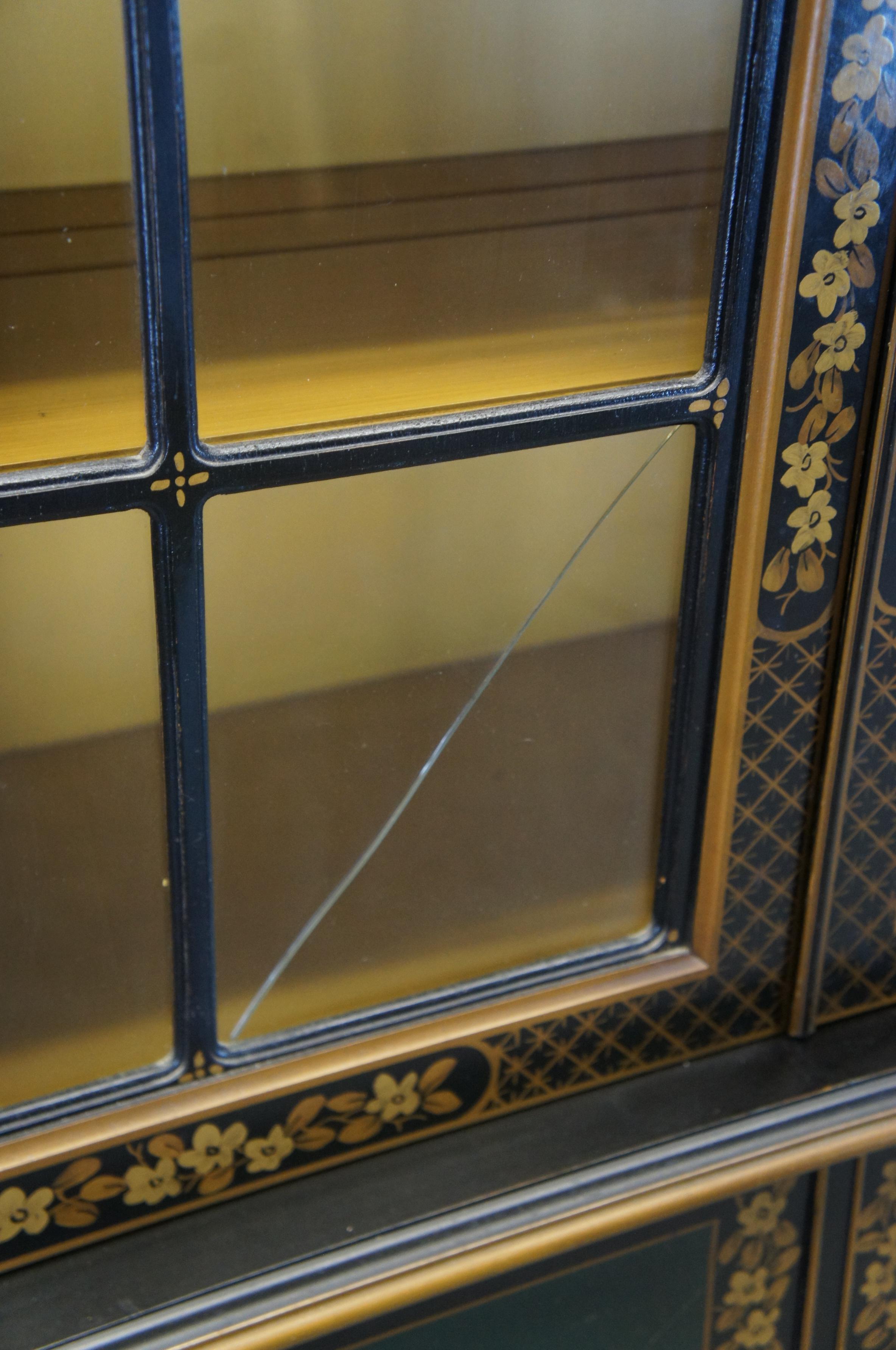 Late 20th Century Union National Green & Black Lacquer Chinoiserie China Hutch Display Cabinet