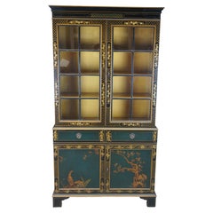 Union National Green & Black Lacquer Chinoiserie China Hutch Display Cabinet
