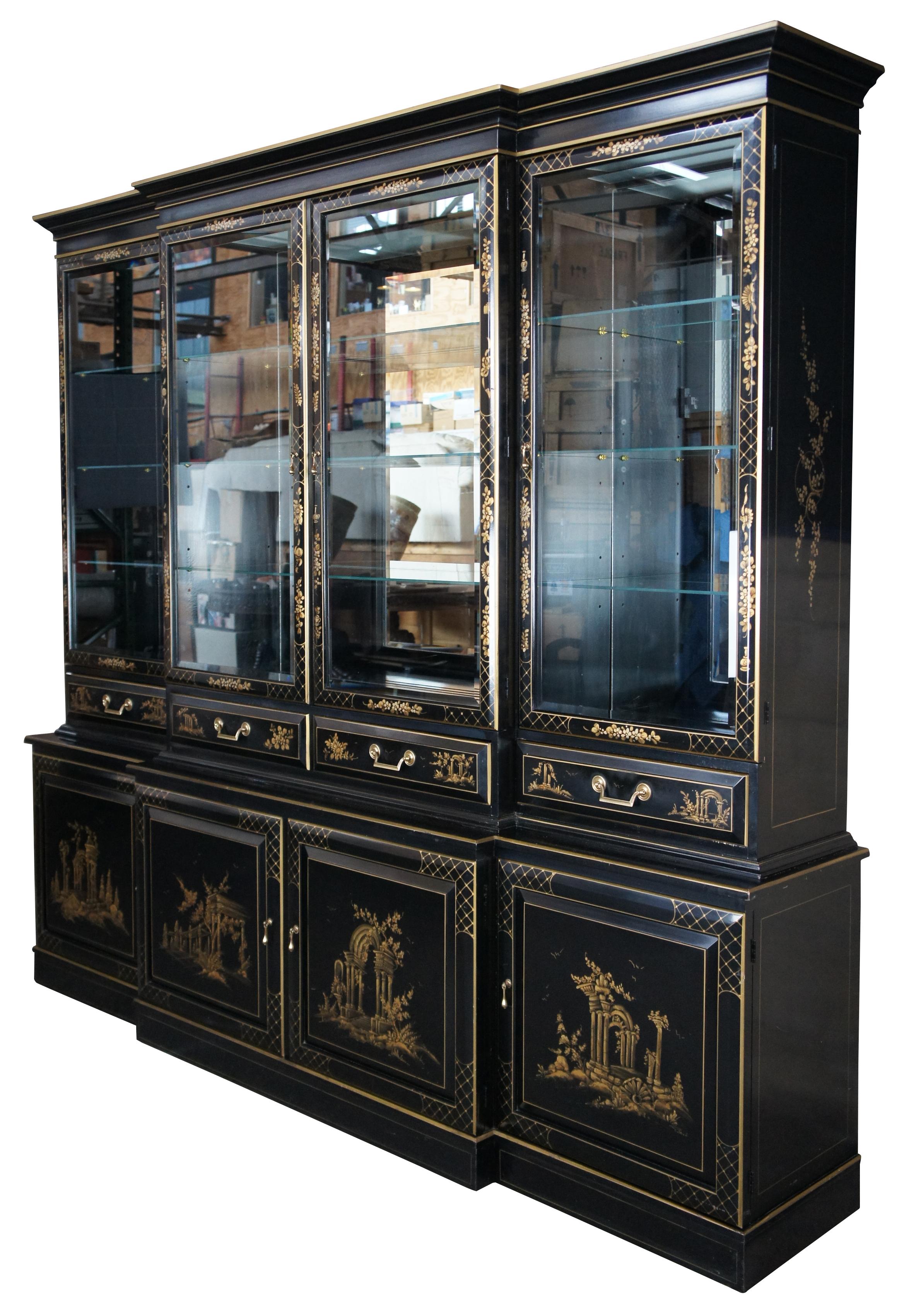 Vintage Union National breakfront china cabinet featuring black lacquer with a garden motif featuring flowers and architectural columns and gazebo. Signed by artist lower right.

The Union National breakfront was rated as the finest breakfront in