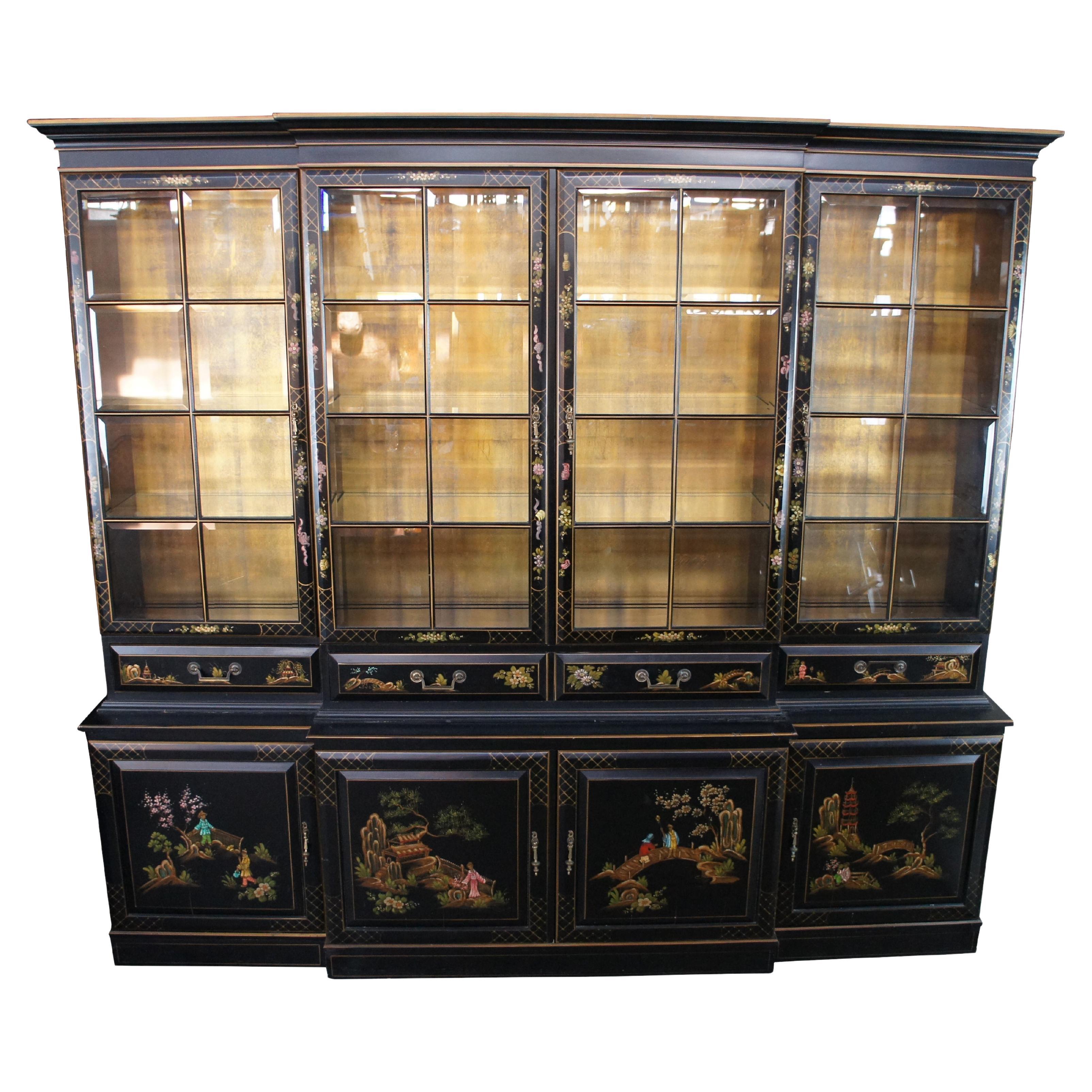 Union National Lacquered Chinoiserie Breakfront China Display Curio Cabinet 90" For Sale