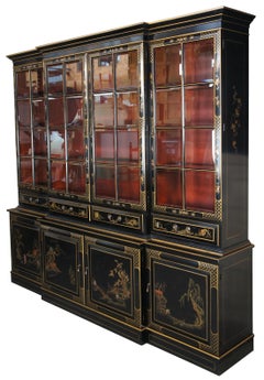 Union National Lacquered Chinoiserie Breakfront China Display Secretary Cabinet